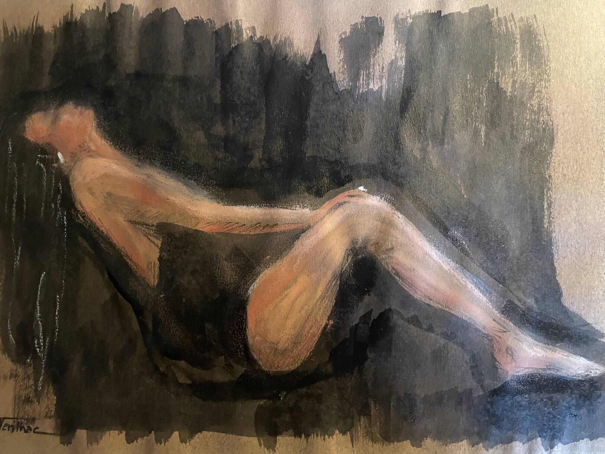 Signed painting, pastel, Chinese ink, portrait of a woman "black sun"