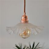 White pleated glass pendant lamp – electric mounting copper color