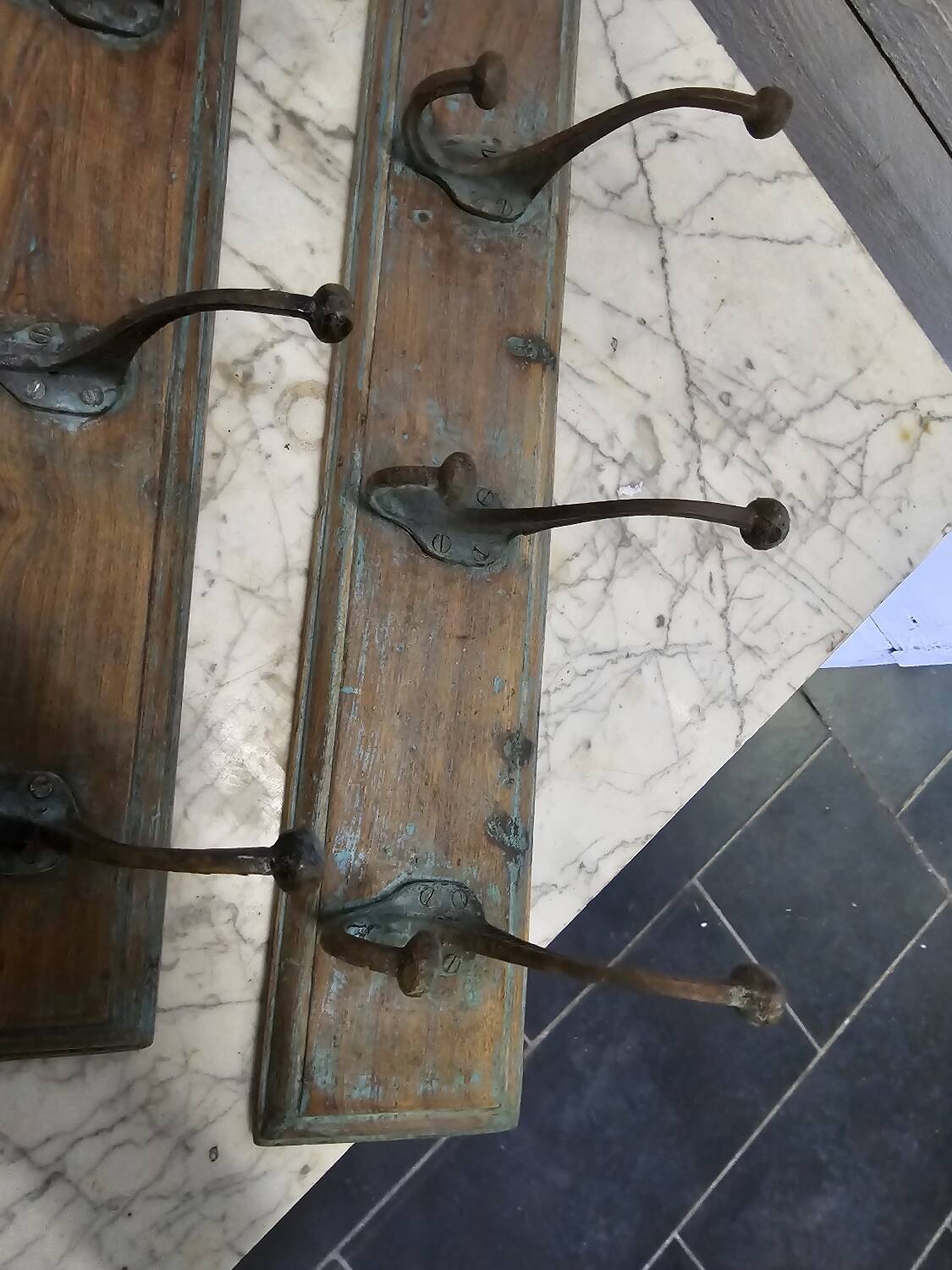 Wooden school coat rack and cast iron coat hooks