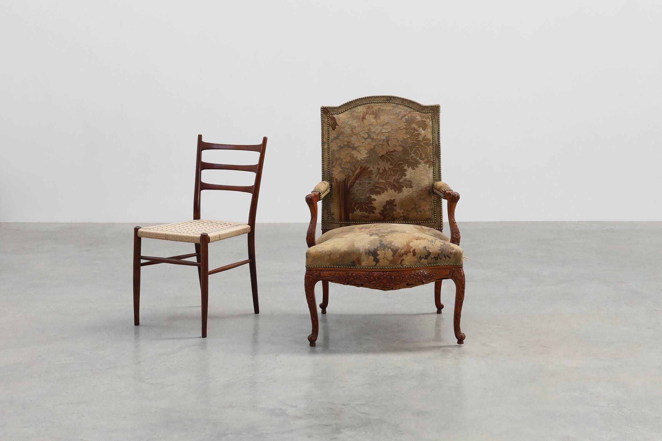 Carved Walnut Armchair with Cabriole Legs and Tapestry Upholstery, France
