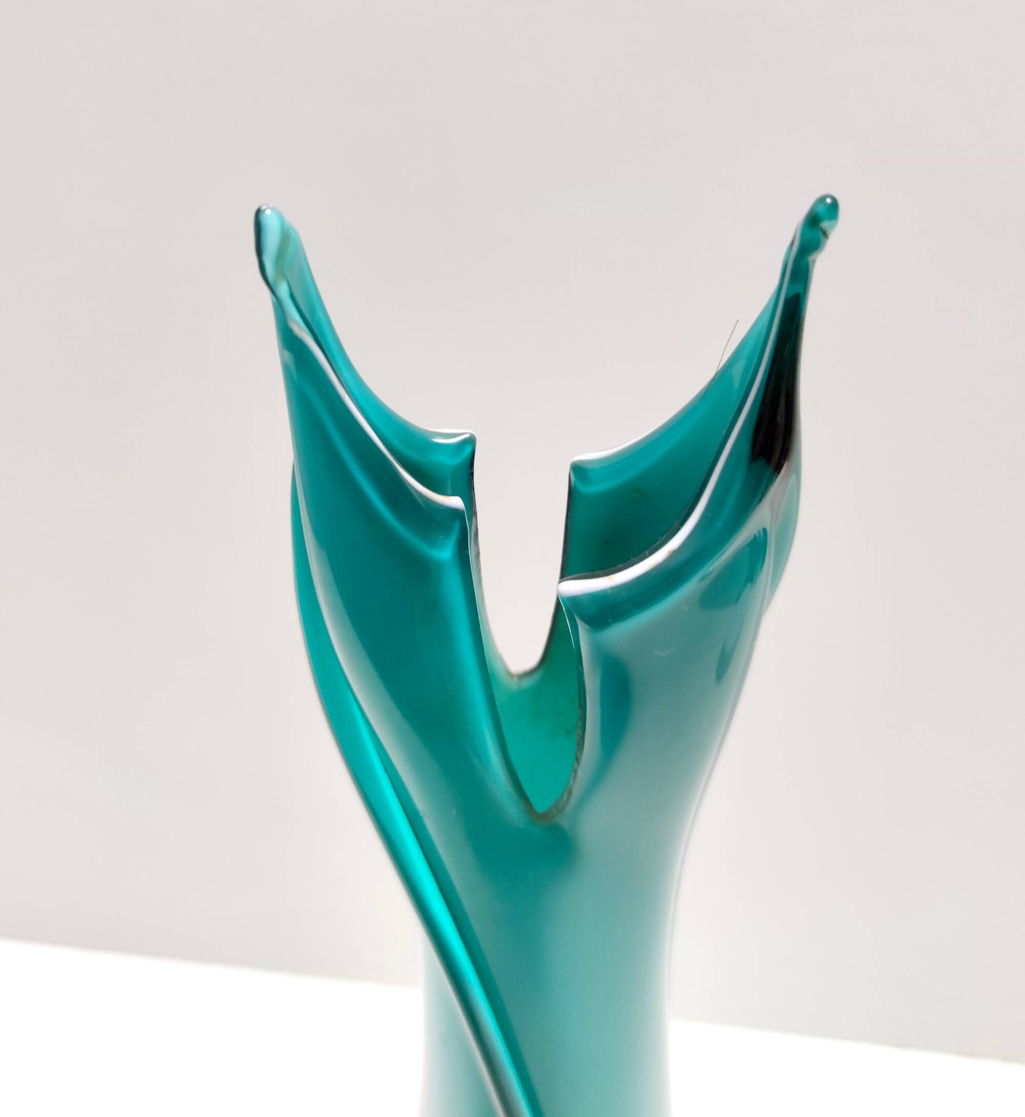 Vintage Teal Encased and Hand-Blown Murano Glass Flower Vase, Italy