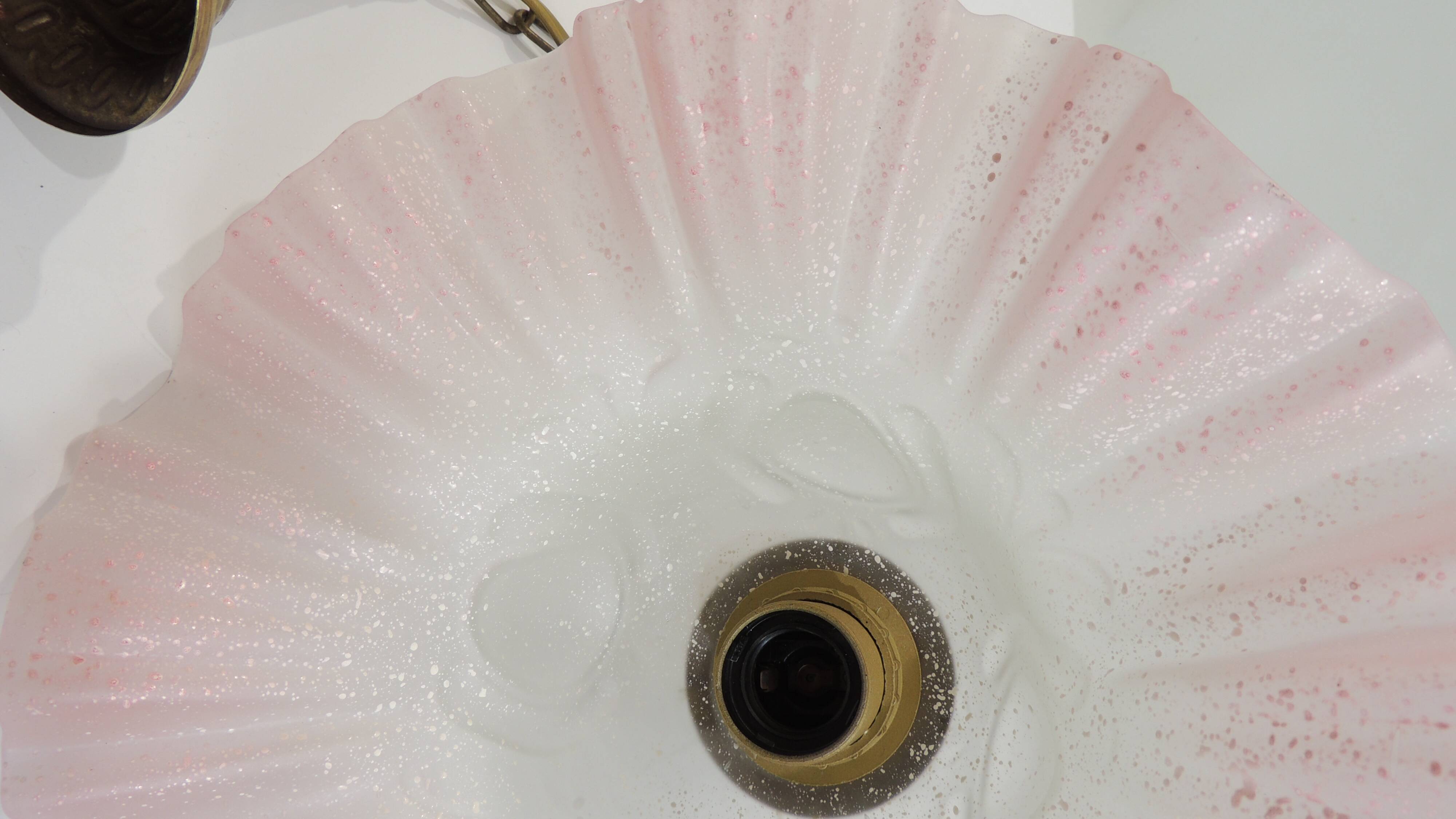 Vintage pink opaline glass pendant light – Art Deco tulip, brass and wood