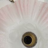 Vintage pink opaline glass pendant light – Art Deco tulip, brass and wood