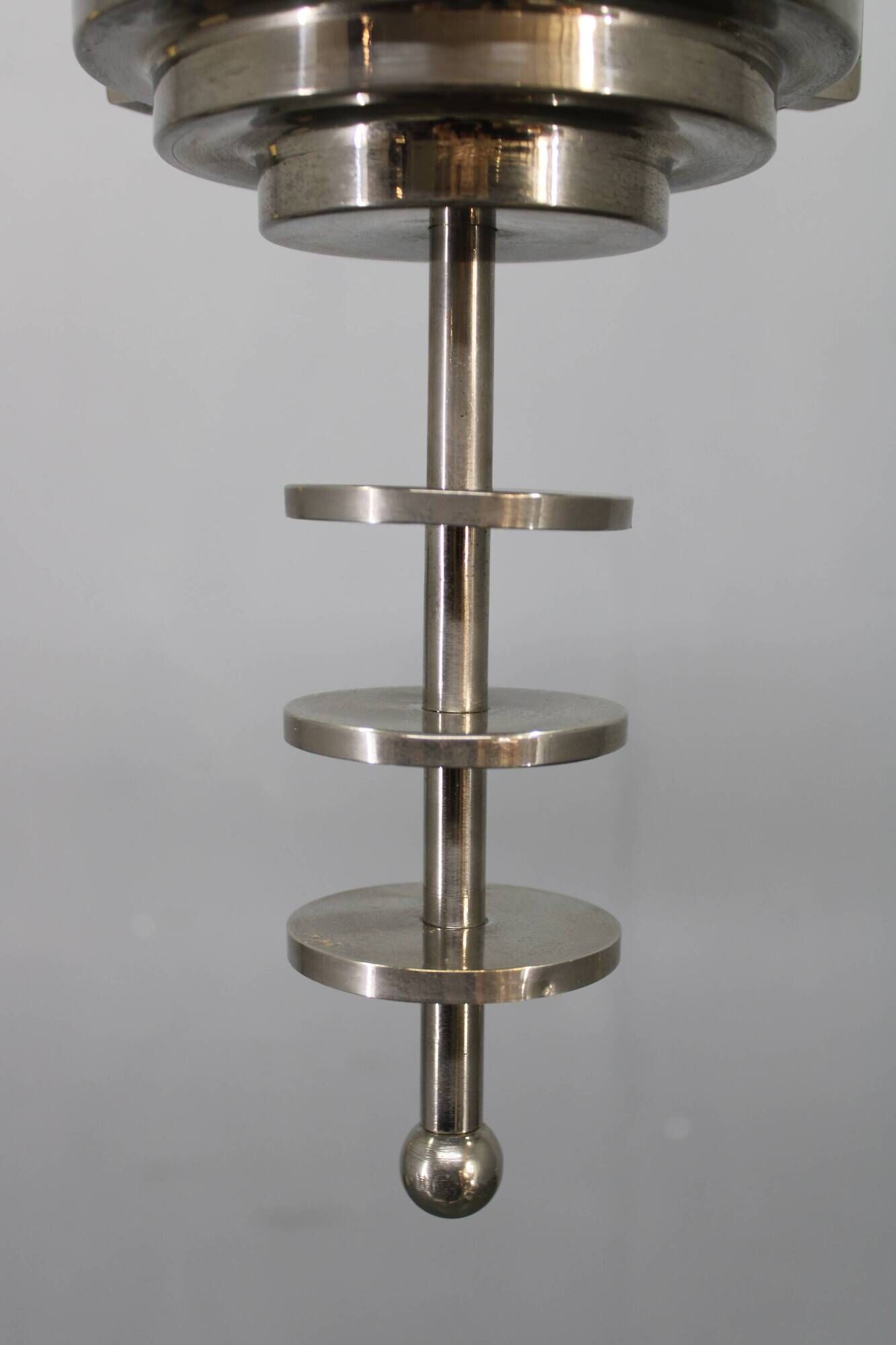 Czechoslovak Art Deco nickel chandelier with three opaline glass globes