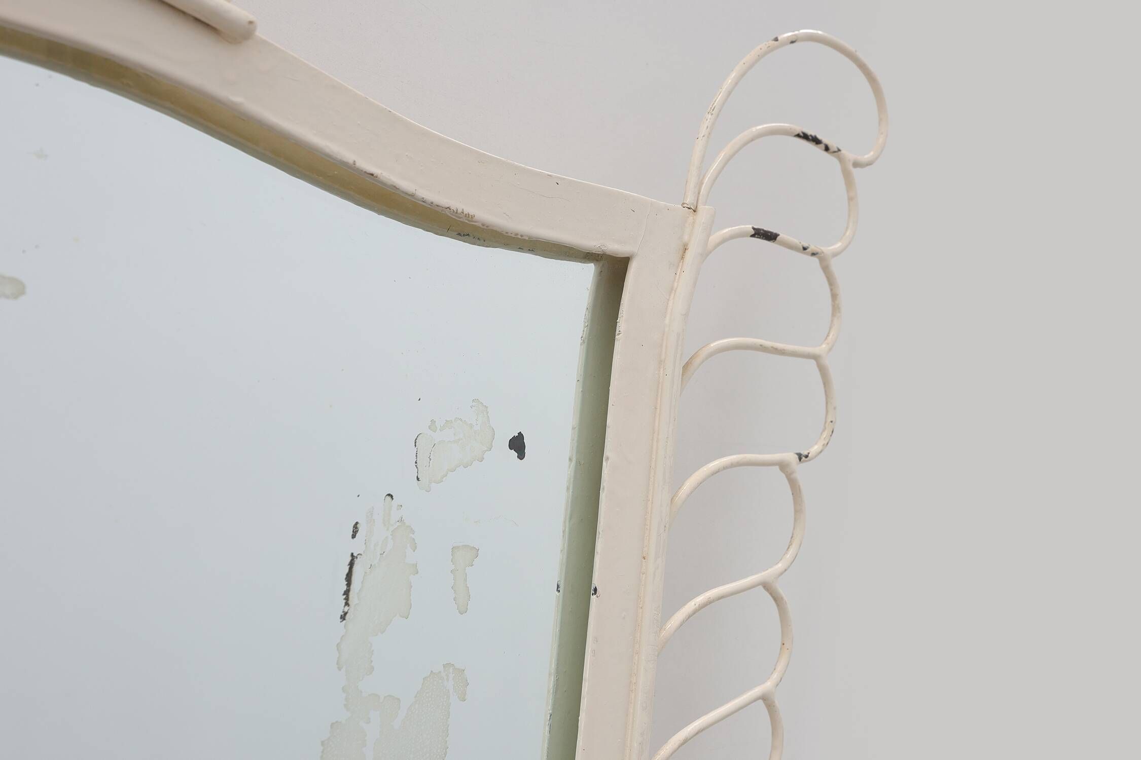 French White Lacquered Metal Mirror with Looped Wire Frame and Fan Crest, 1