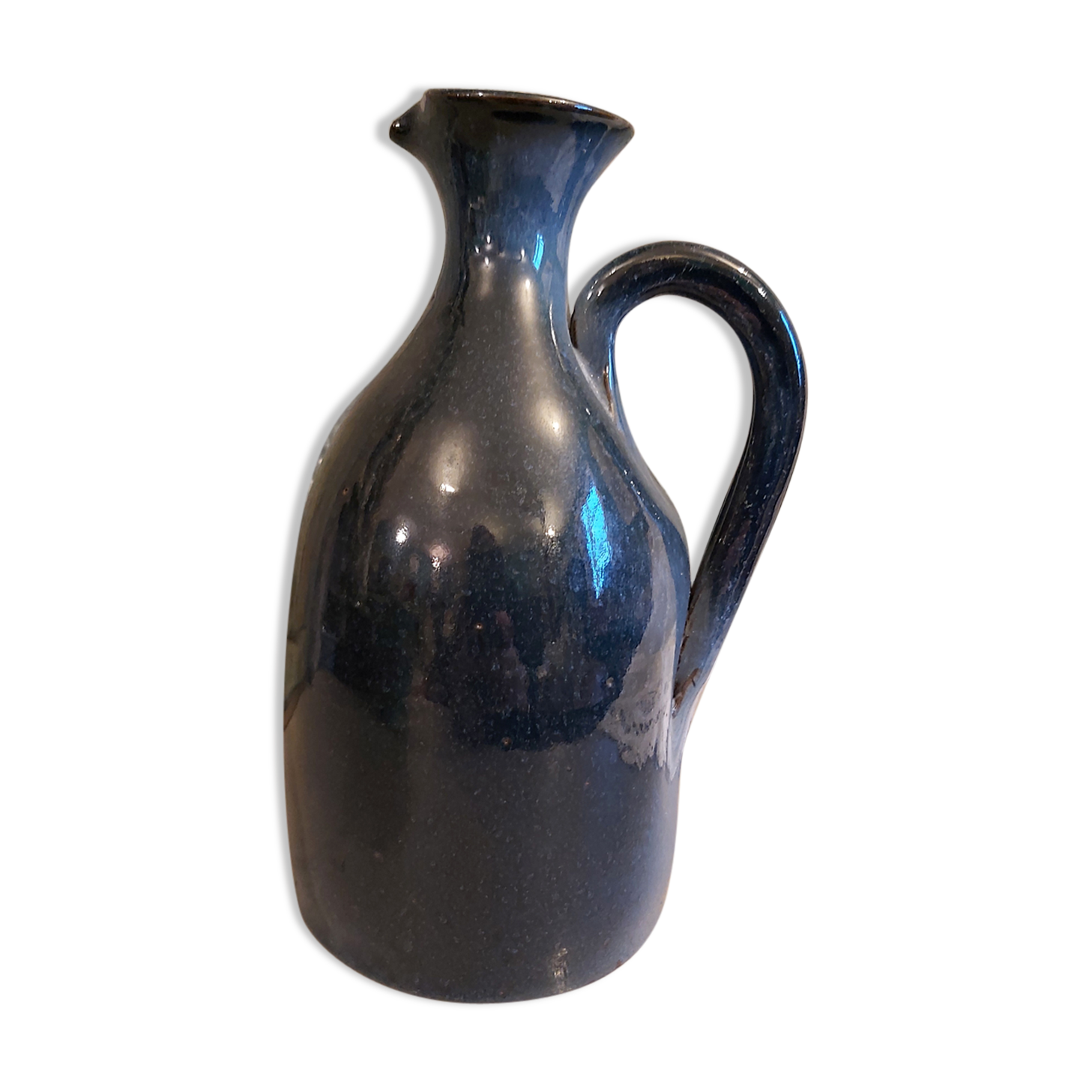Vintage French clay carafe, glazed in different blues