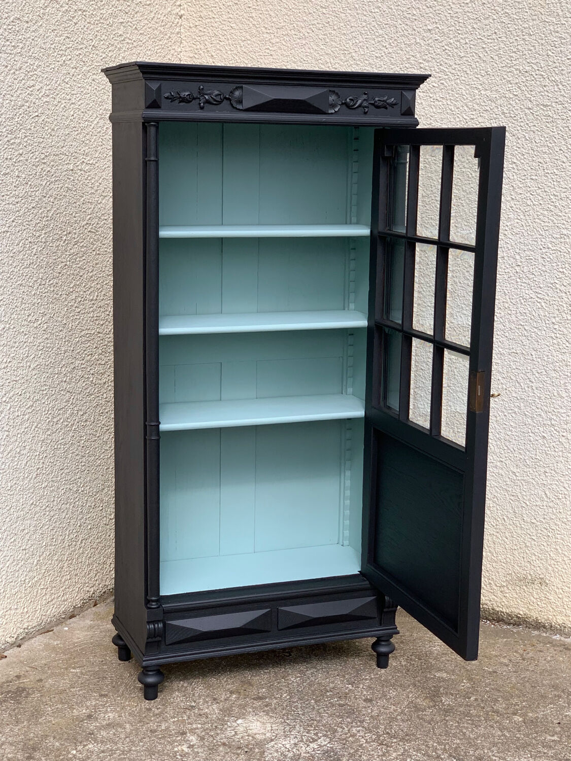 Armoire parisienne vitrée noire et vert grisé 150cm