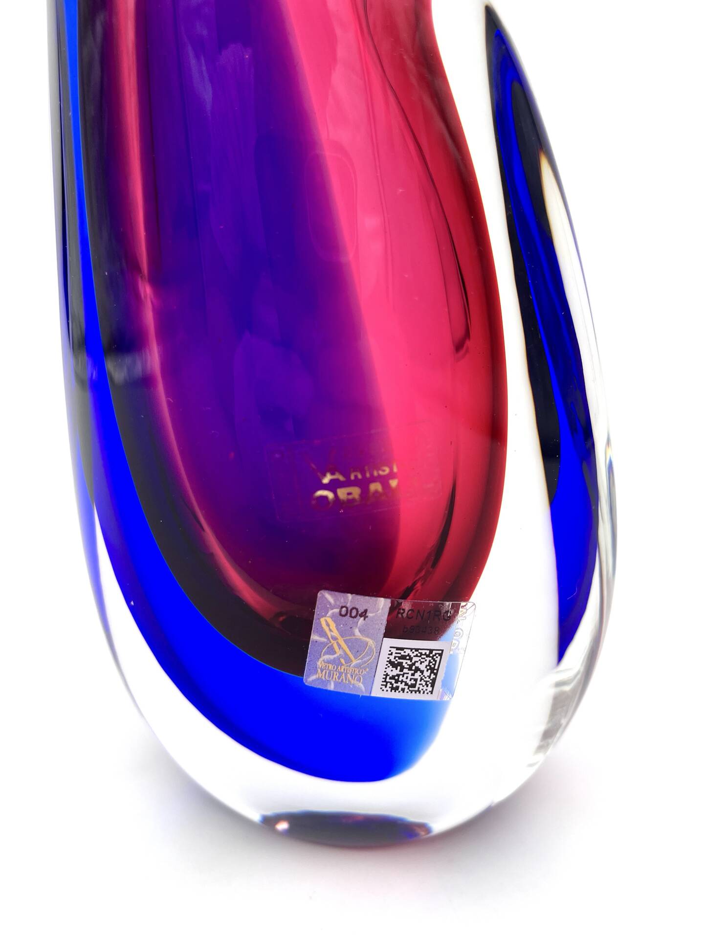 Vase Luigi Onesto Oball Sommerso Flame Blue Magenta 25cm 1.78kg Label