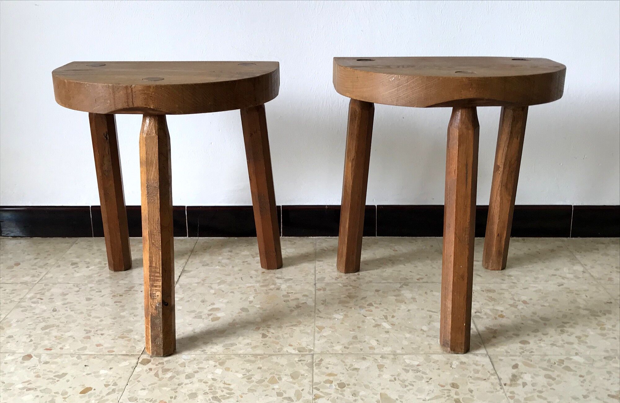 2 tripod oak stools 60s