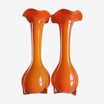 Pair of orange blown glass vases