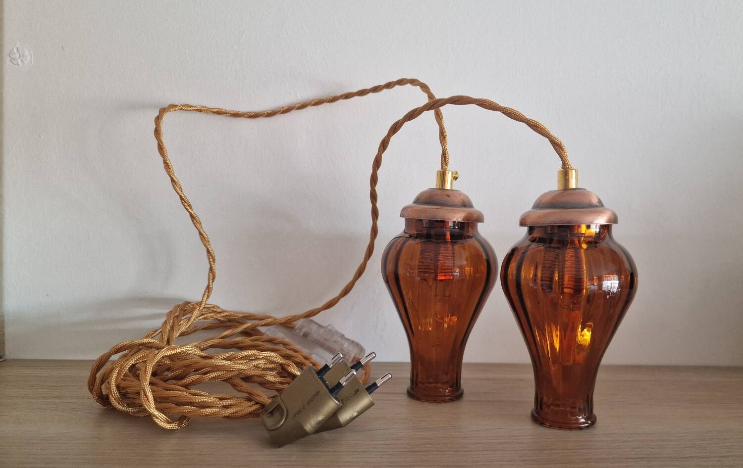 Duo of brown smoked glass portable lamps