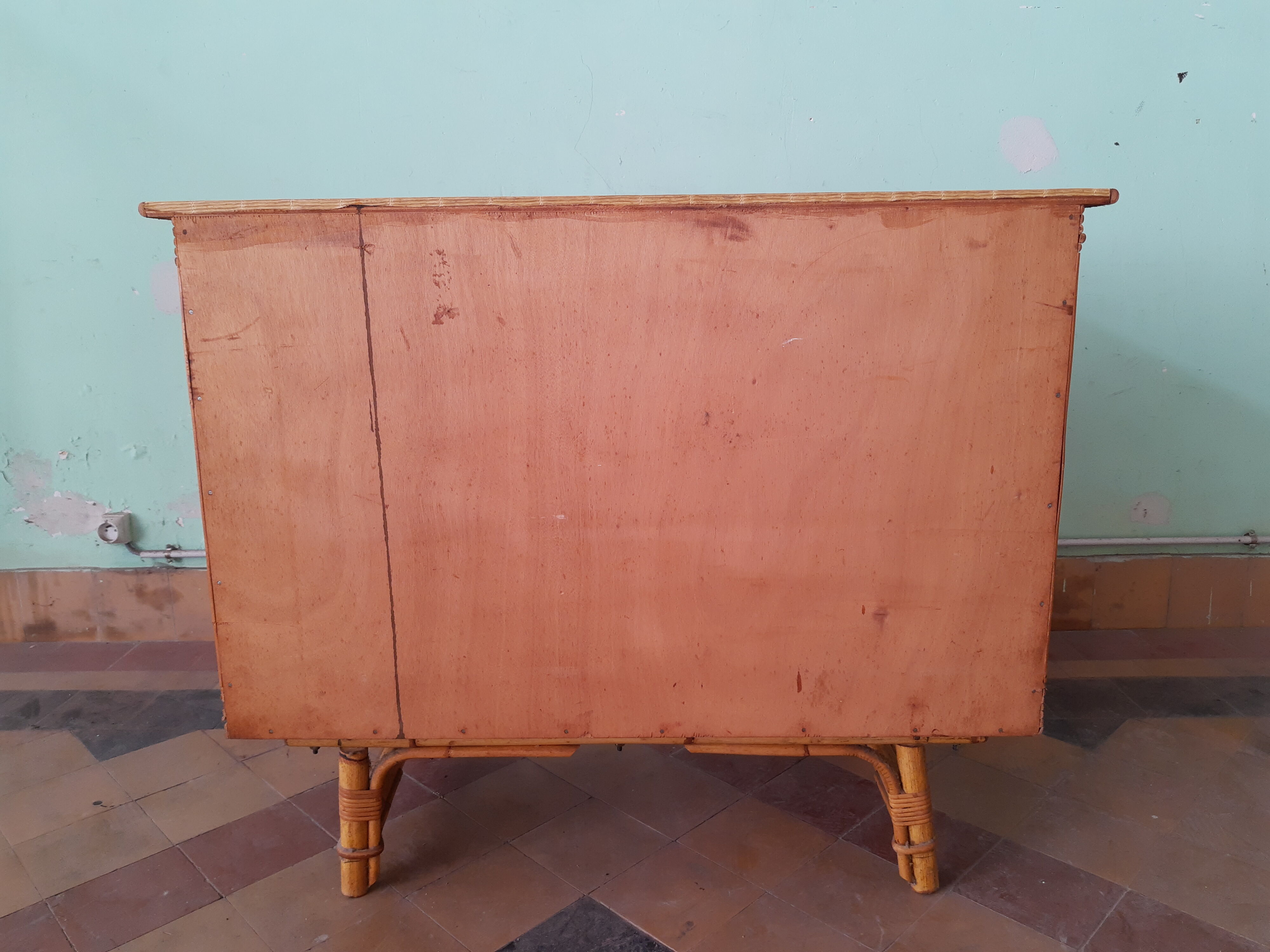 Vintage rattan and bamboo chest of drawers 50s