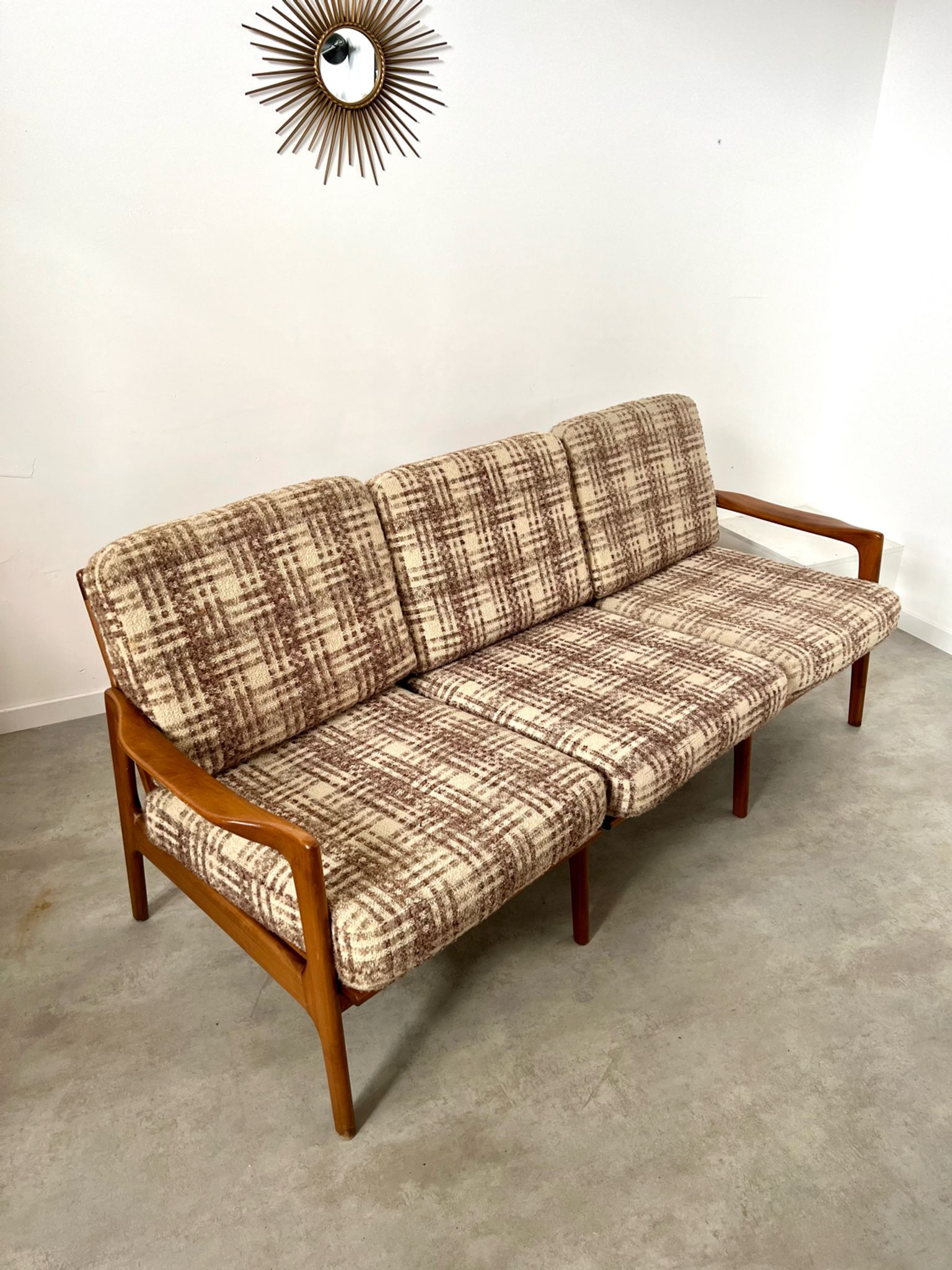 Lot armchairs and sofa 60 years Scandinavian design in vintage blond teak