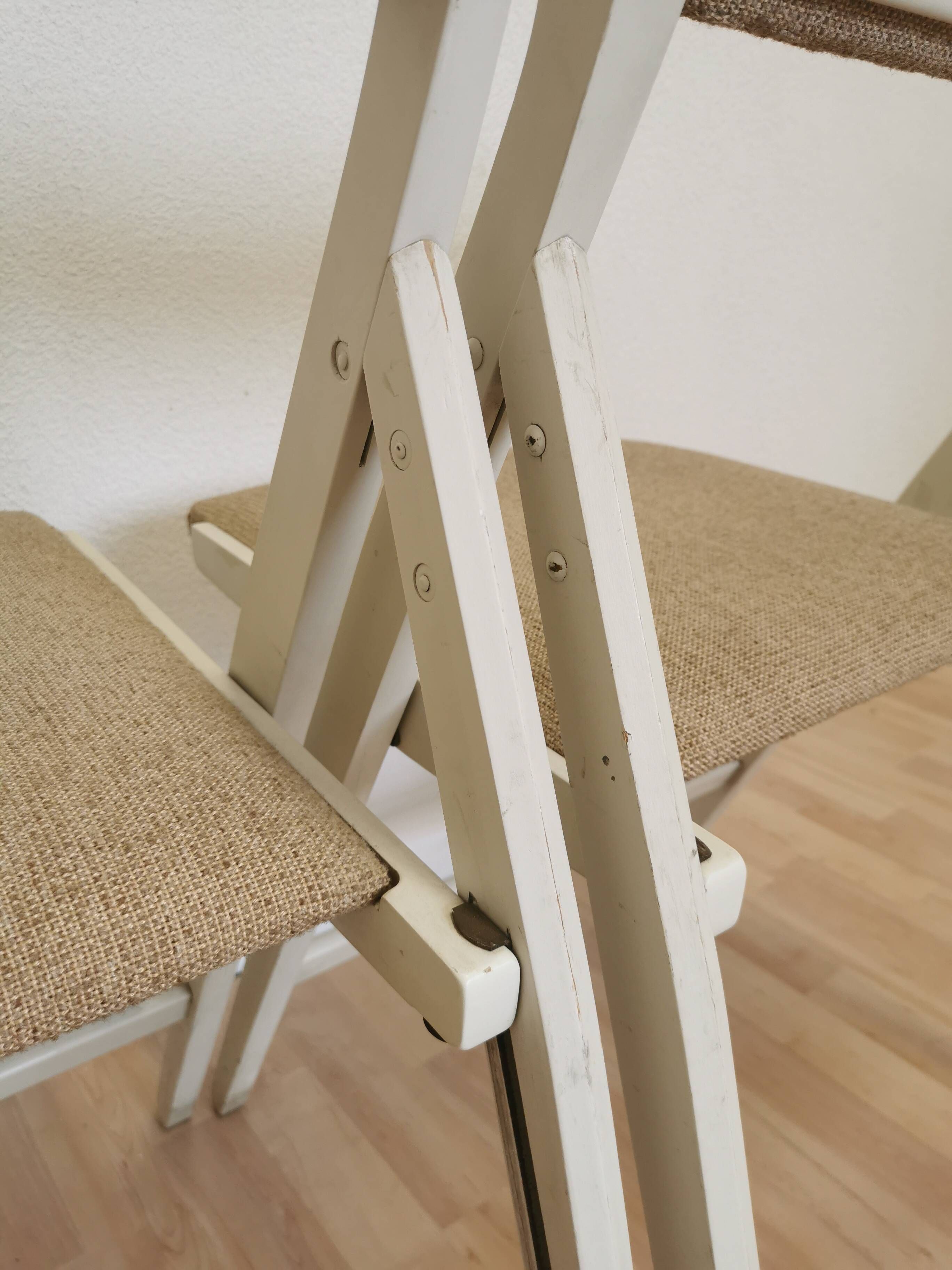 Set of 4 Vintage Wooden Folding Lounge Chairs: Beige Fabric, STOL Kamnik 1970