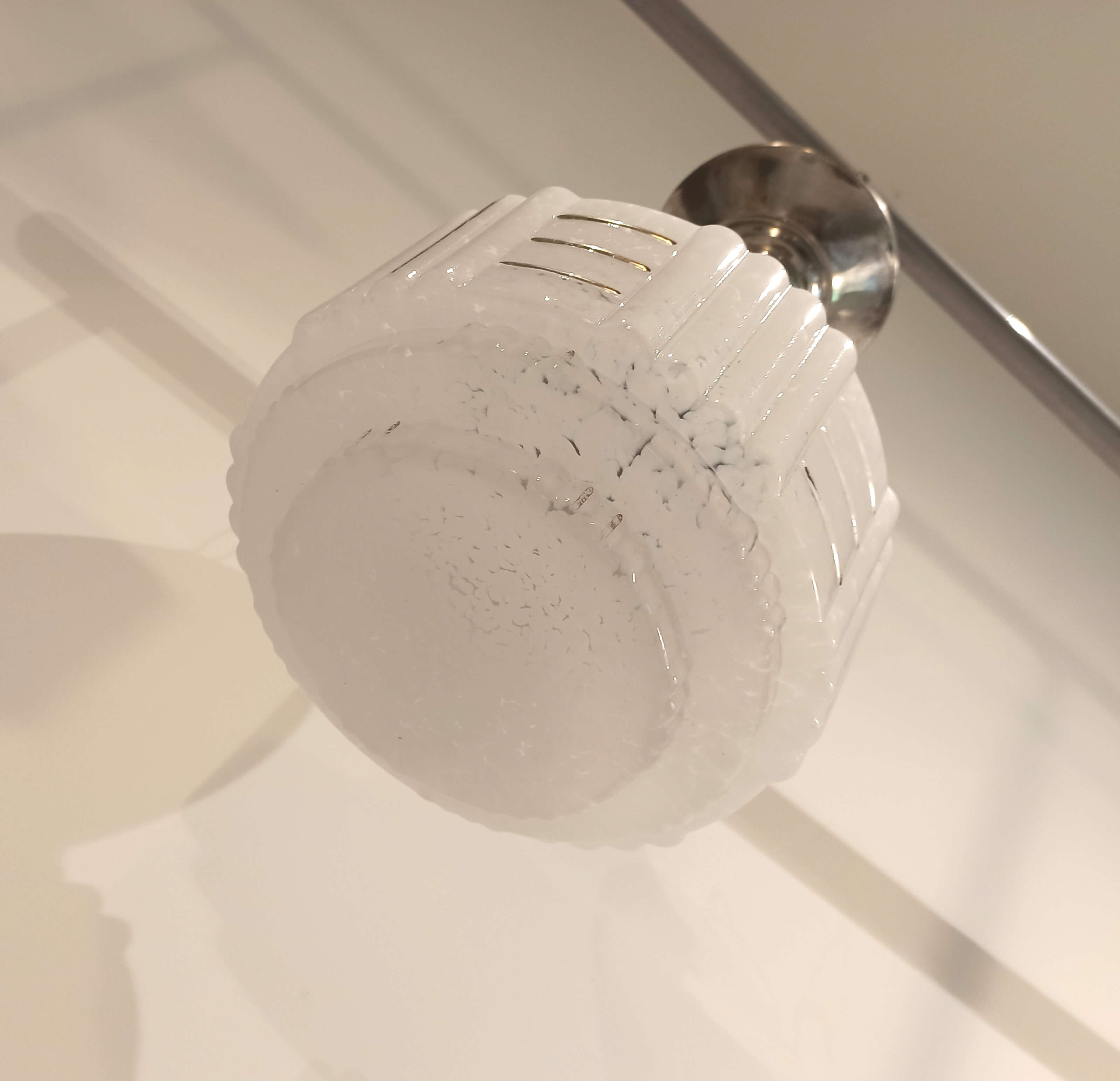 Art deco chandelier white clichy glass chrome and copper