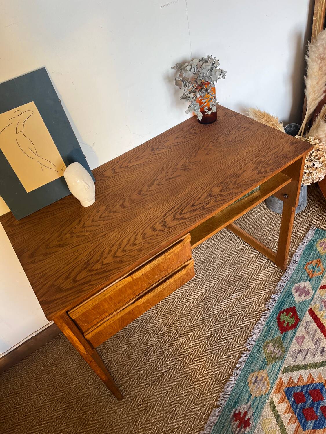 Vintage desk sled legs oak veneer