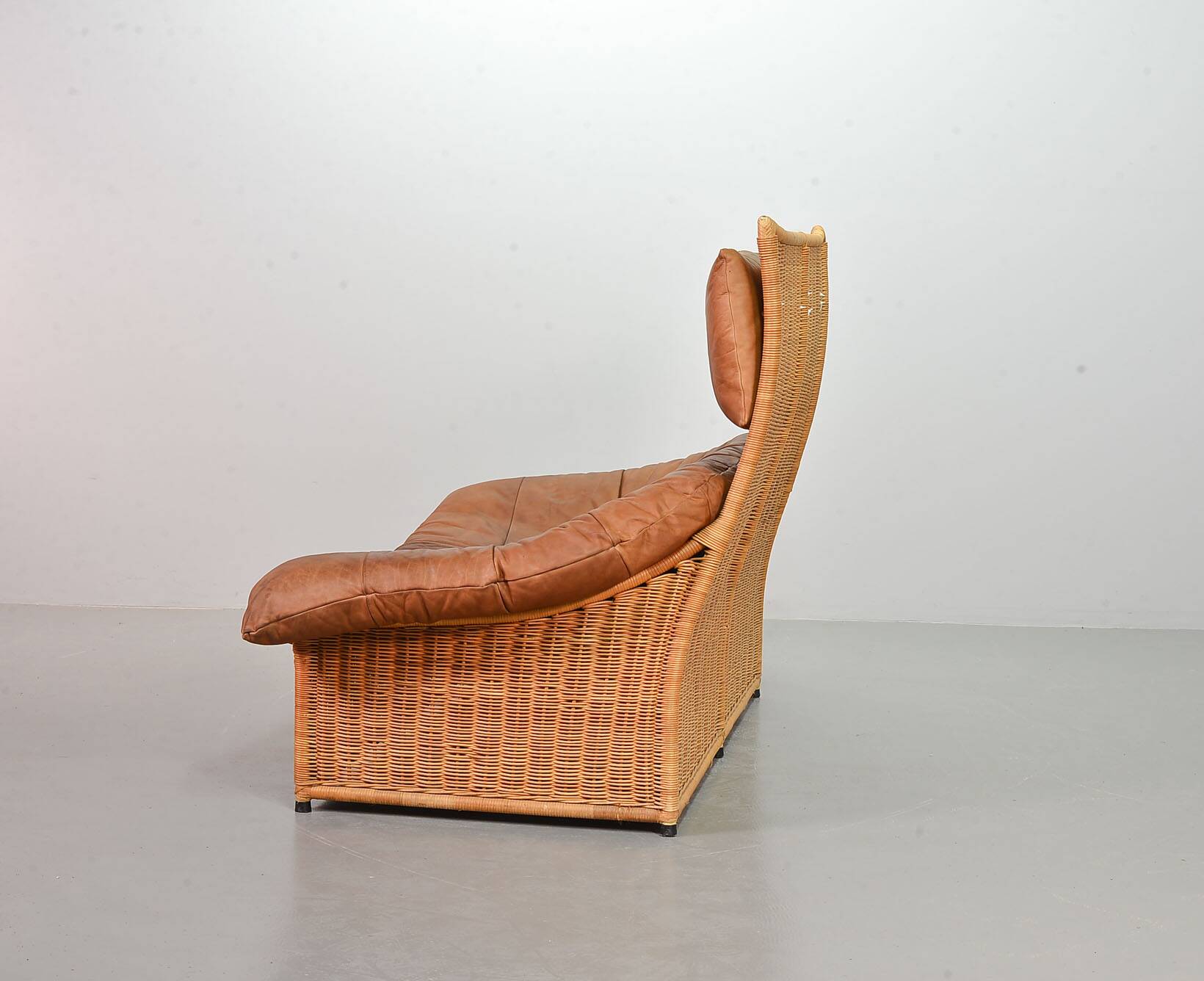 Gerard van de Berg Cognac Patchwork Leather 2-Seat Rockstyle Cane Sofa 70s