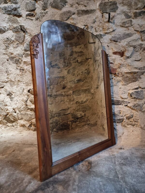 Miroir art déco français en noyer – miroir mural sculpté des années 1920 de France