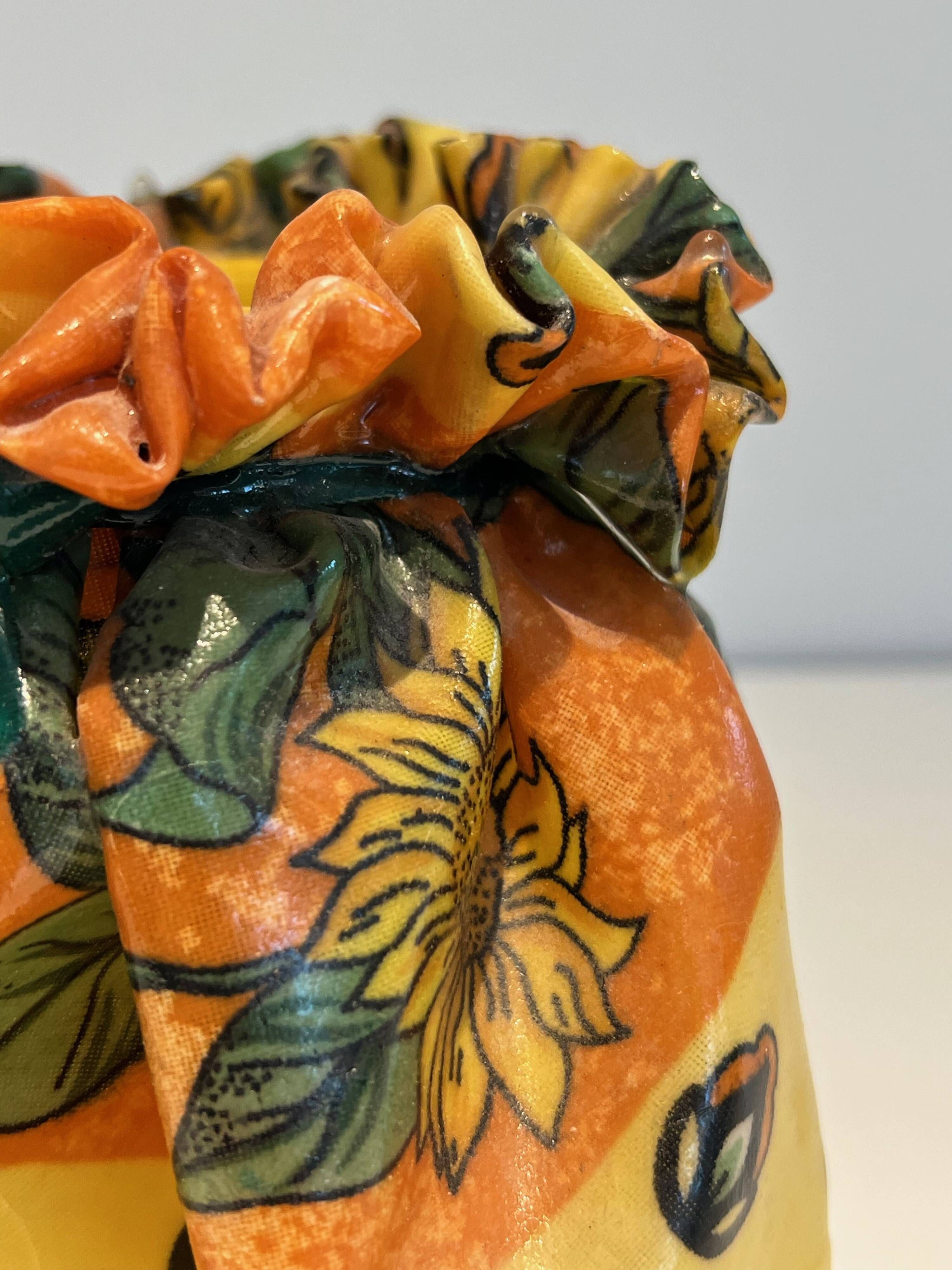 Trompe-l'Œil Ceramic Vase in the Shape of a Knotted Bag with Floral Decoration. Work