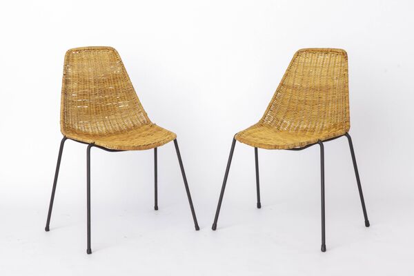 Ensemble de 2 chaises panier Gianfranco Legler, chaises en rotin des années 1950, style milieu de siècle.