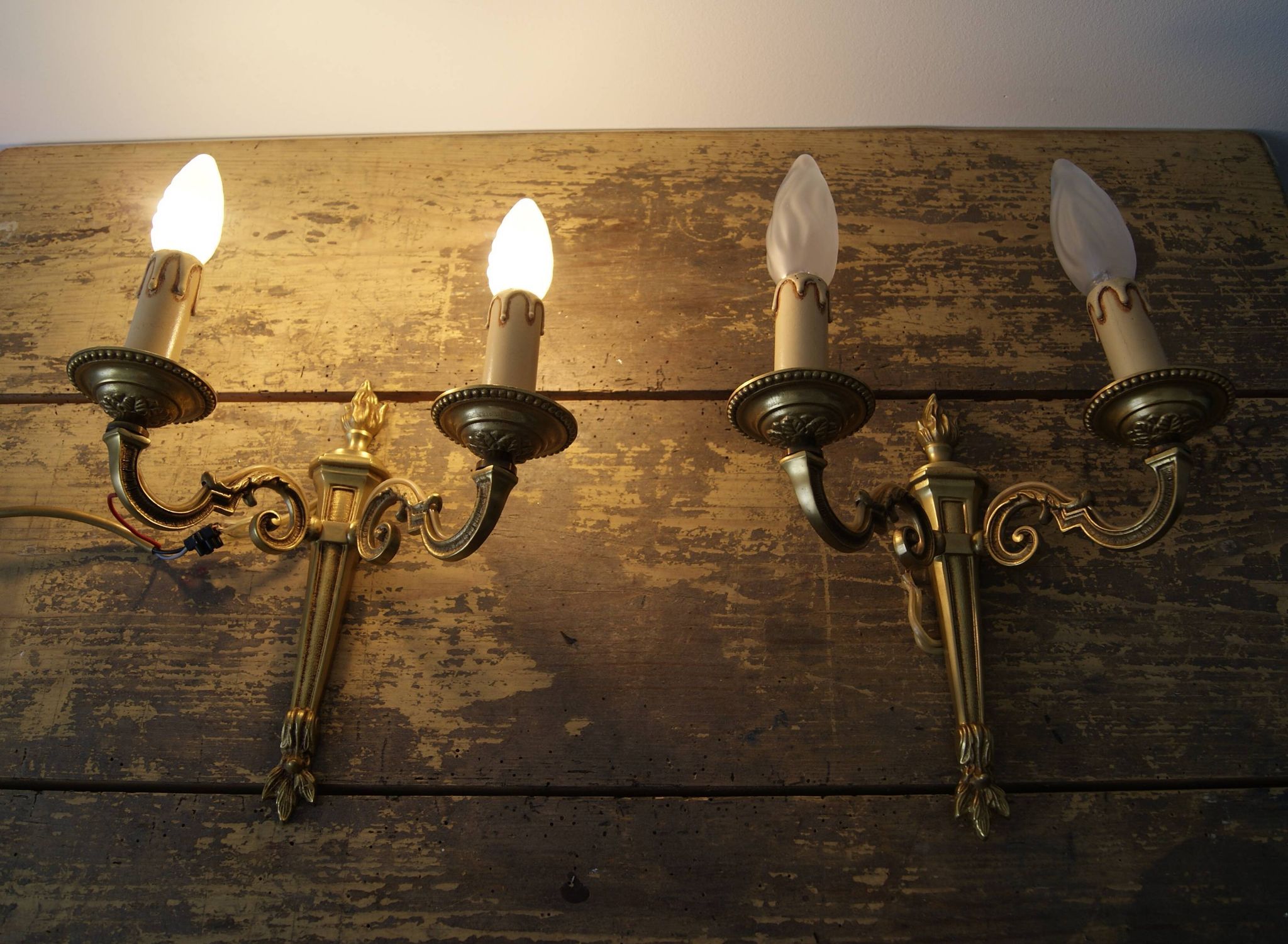 Sconces midcentury, pair of French wall sconces brass bronze