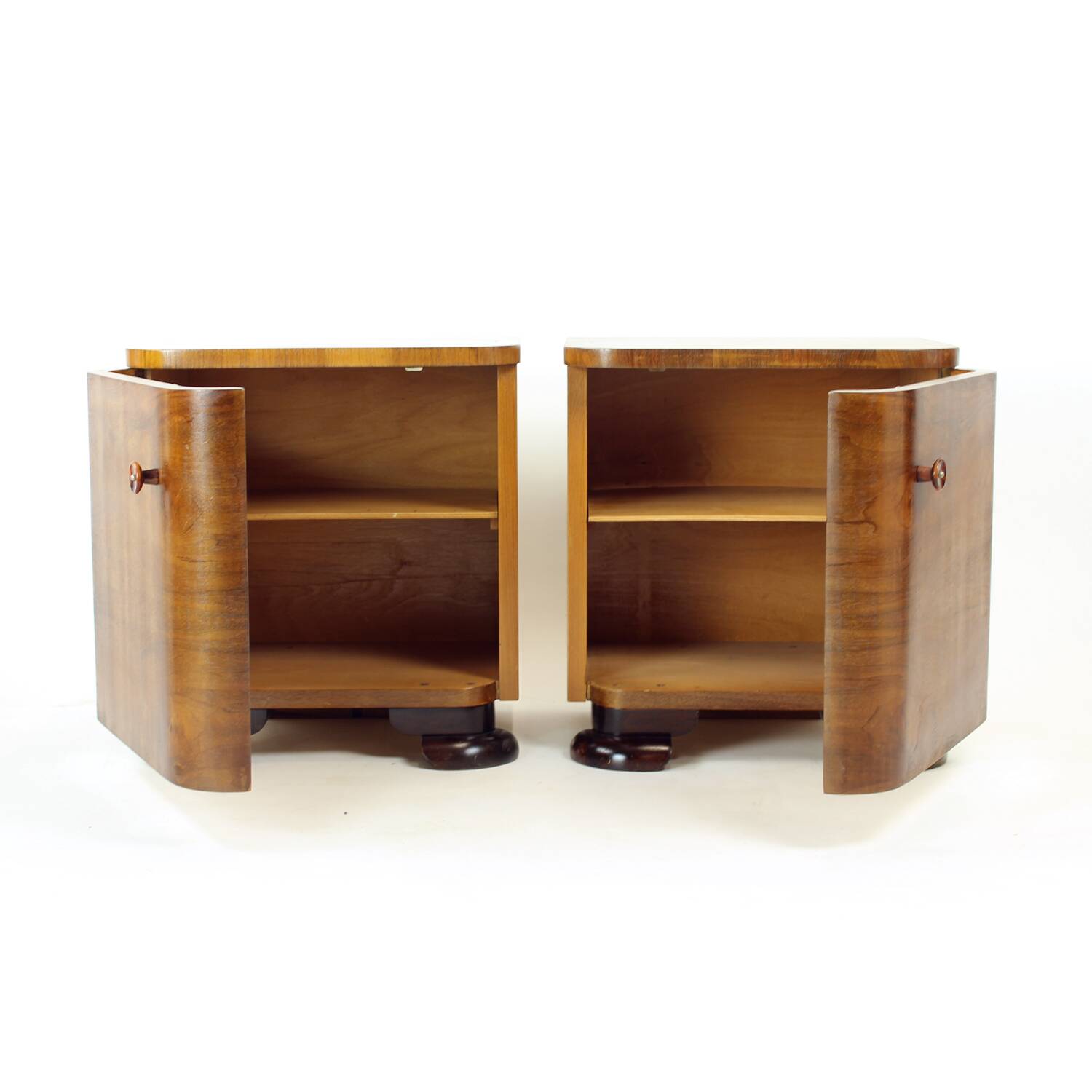 Minimalistic Art Deco Bedside Tables In Walnut Veneer, Czechoslovakia 1930s