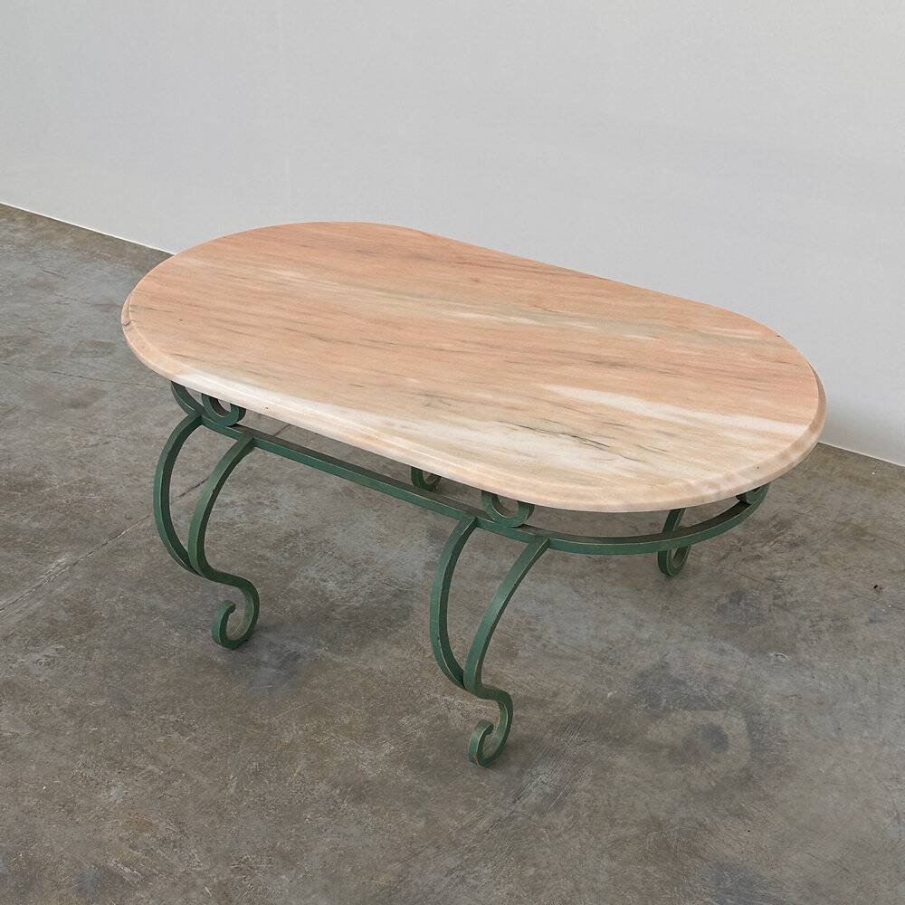Table basse en marbre rose vintage et fer forgé vert, années 1970