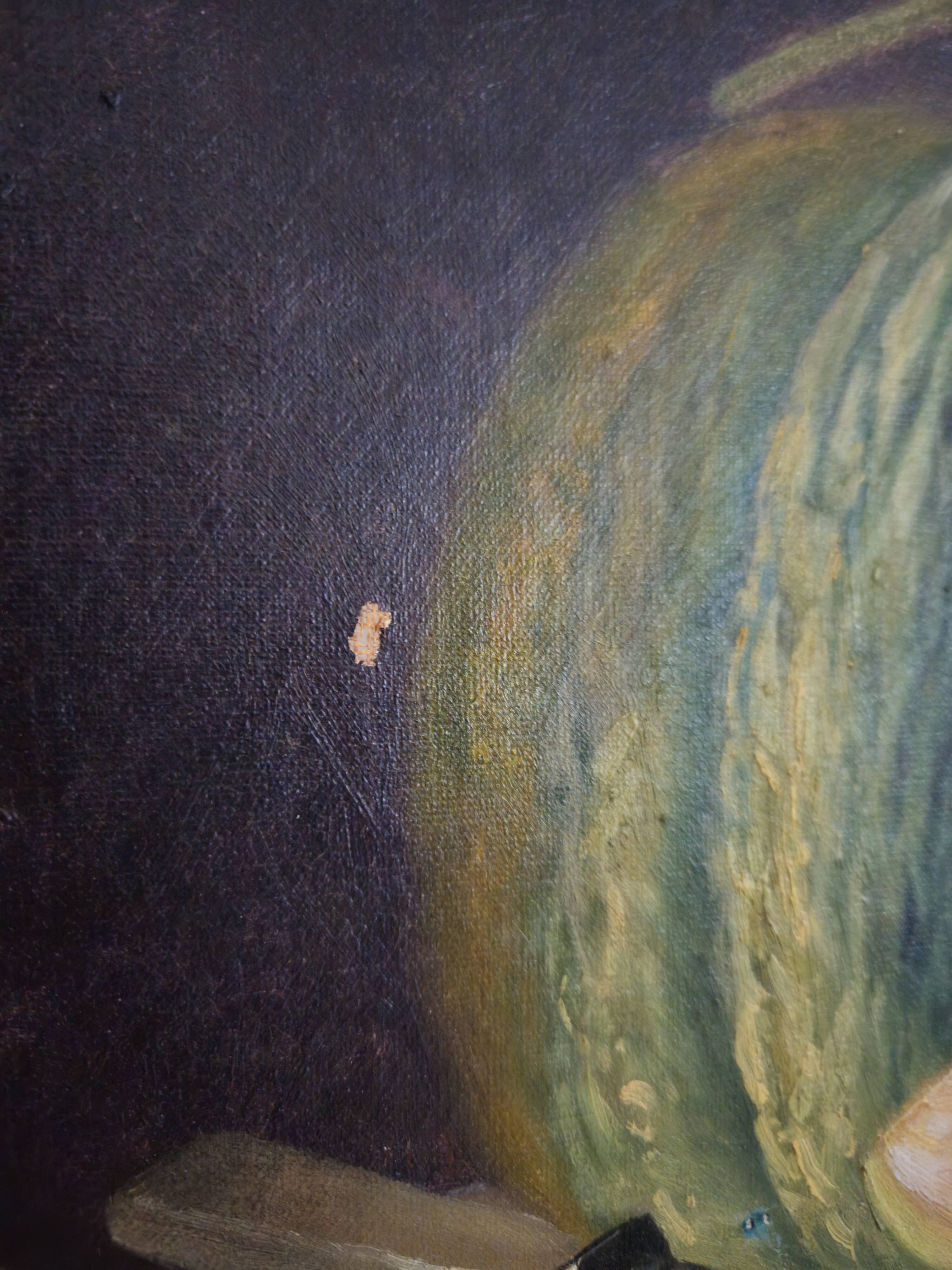 Still life, oil on canvas, melon and grapes.