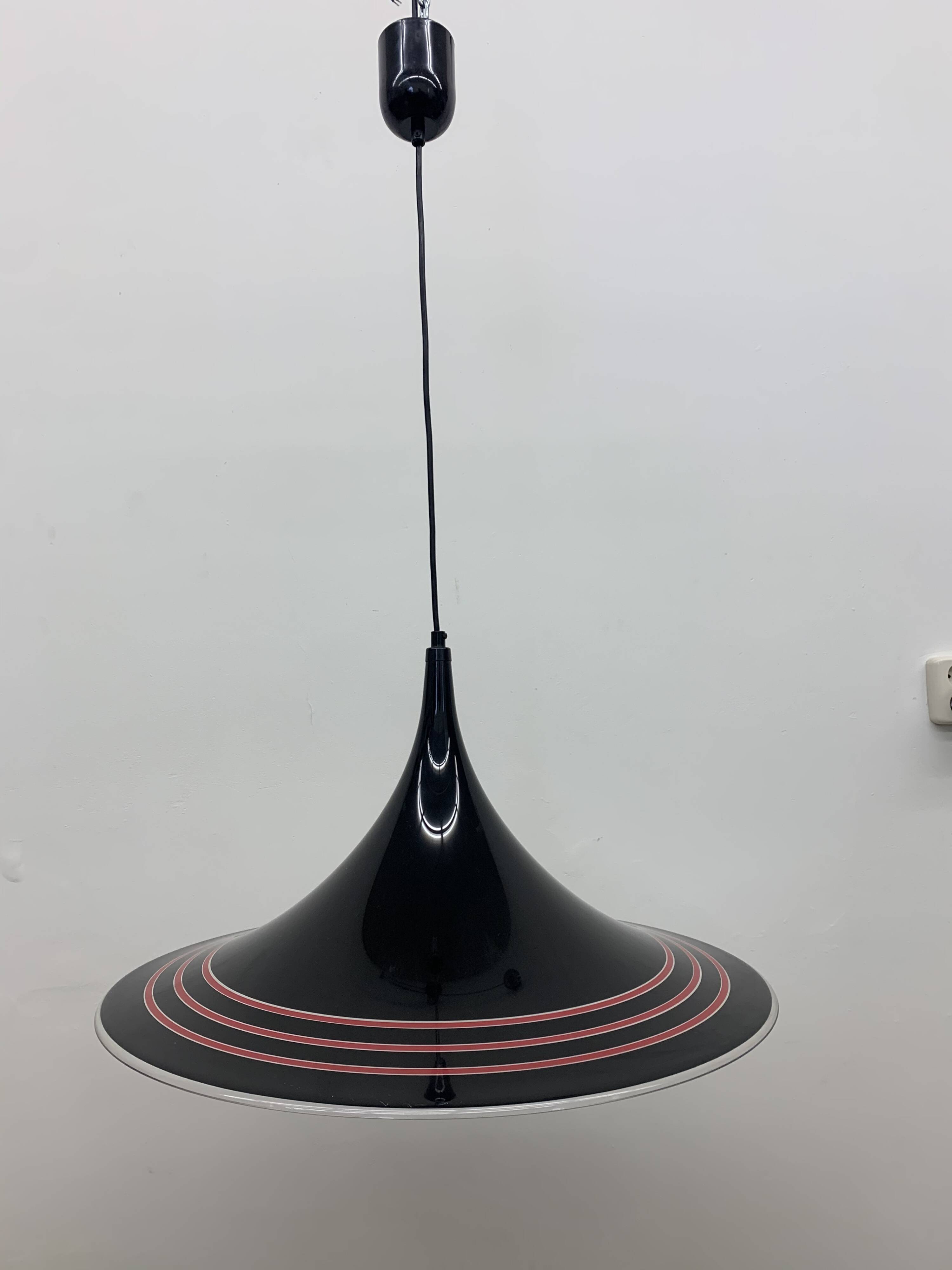 Vintage plastic meblo guzzini black trumpet hanging lamp , 1980’s