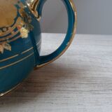Ancien petit pot à crème Sadler en céramique bleu vert motif doré, pot à lait crémier anglais