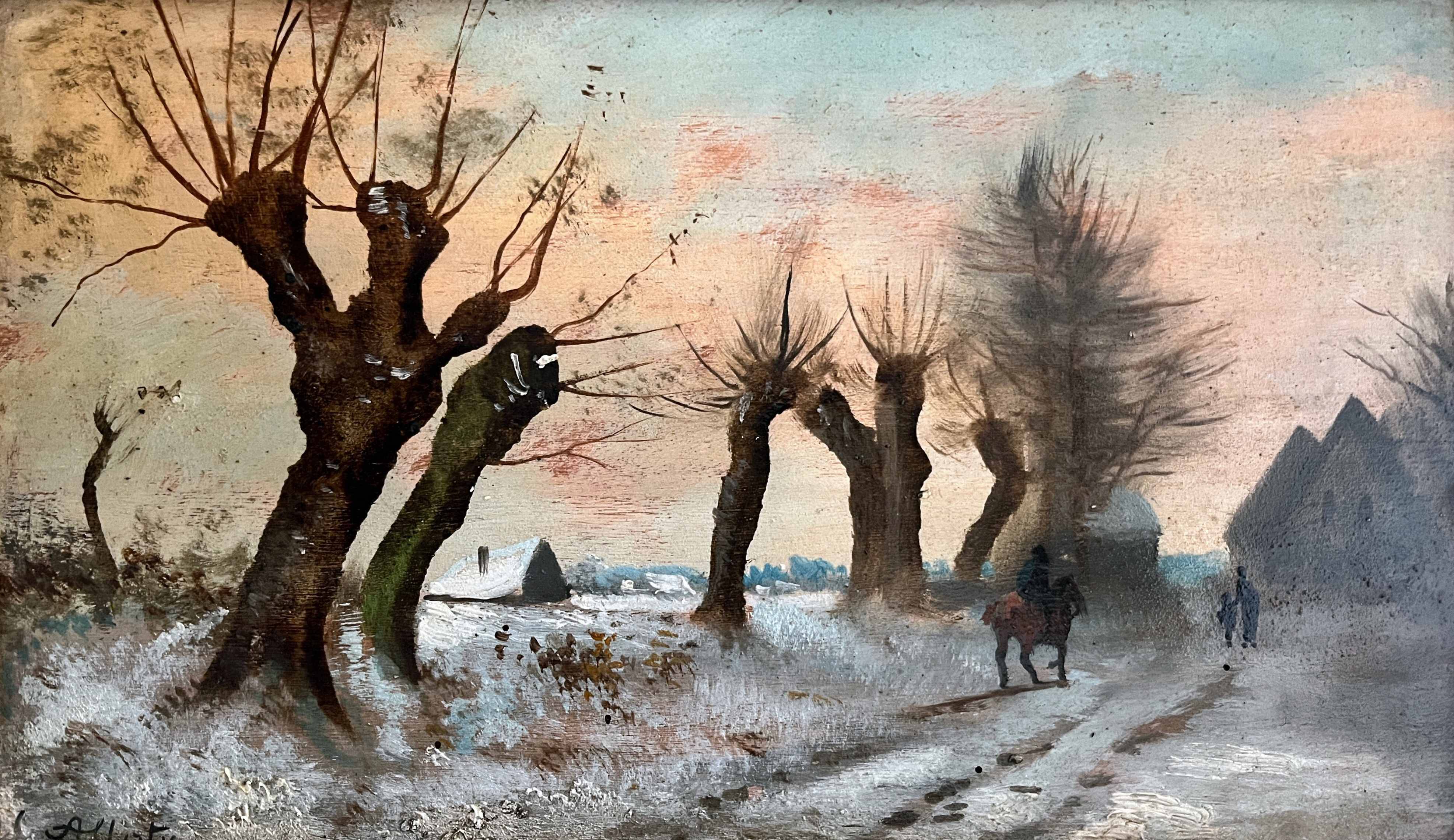 HST painting "Winter landscape with rider" signed Alberty XIX° + frame