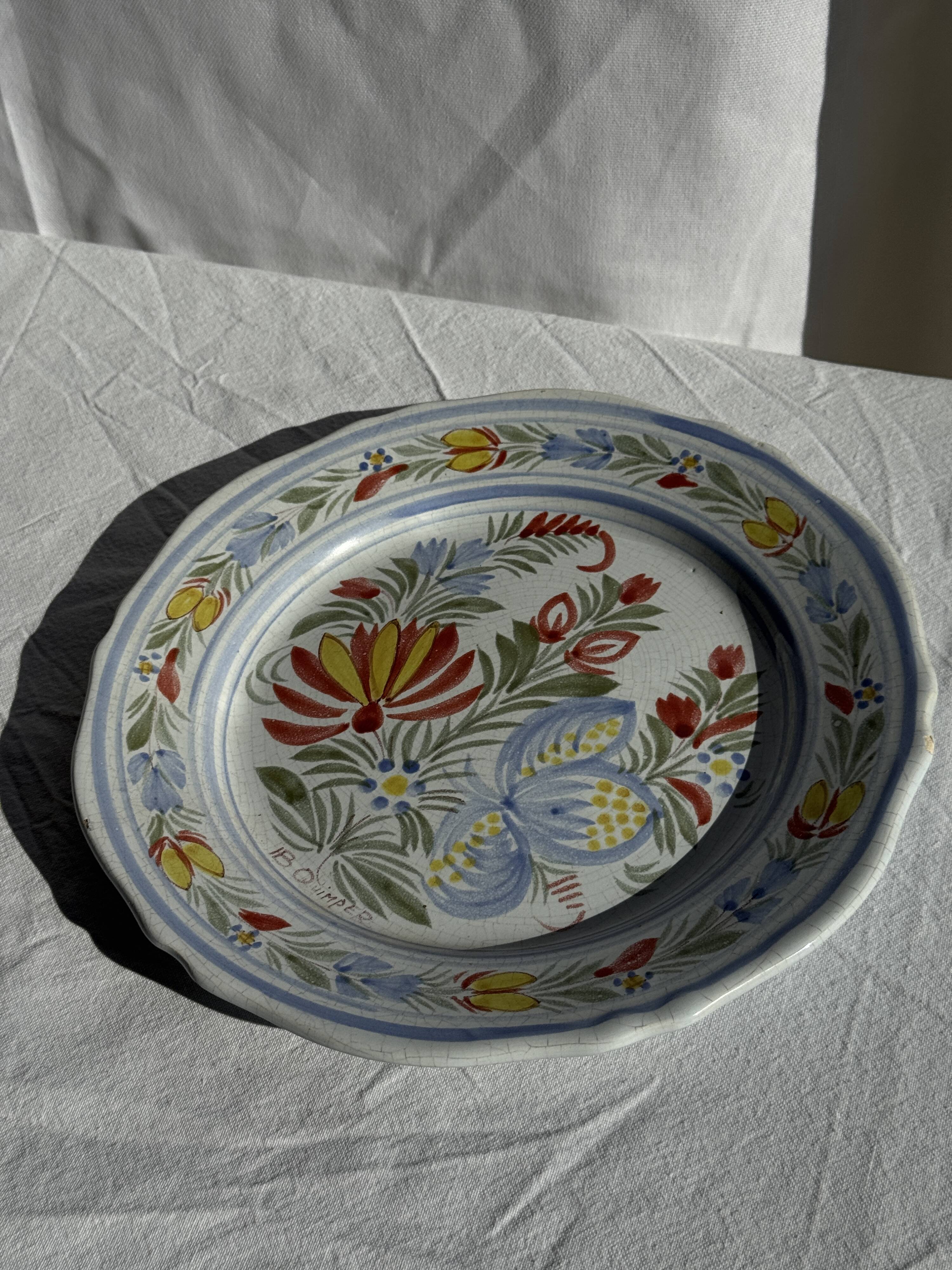 Antique decorative plate IB Quimper with polychrome floral decoration D24