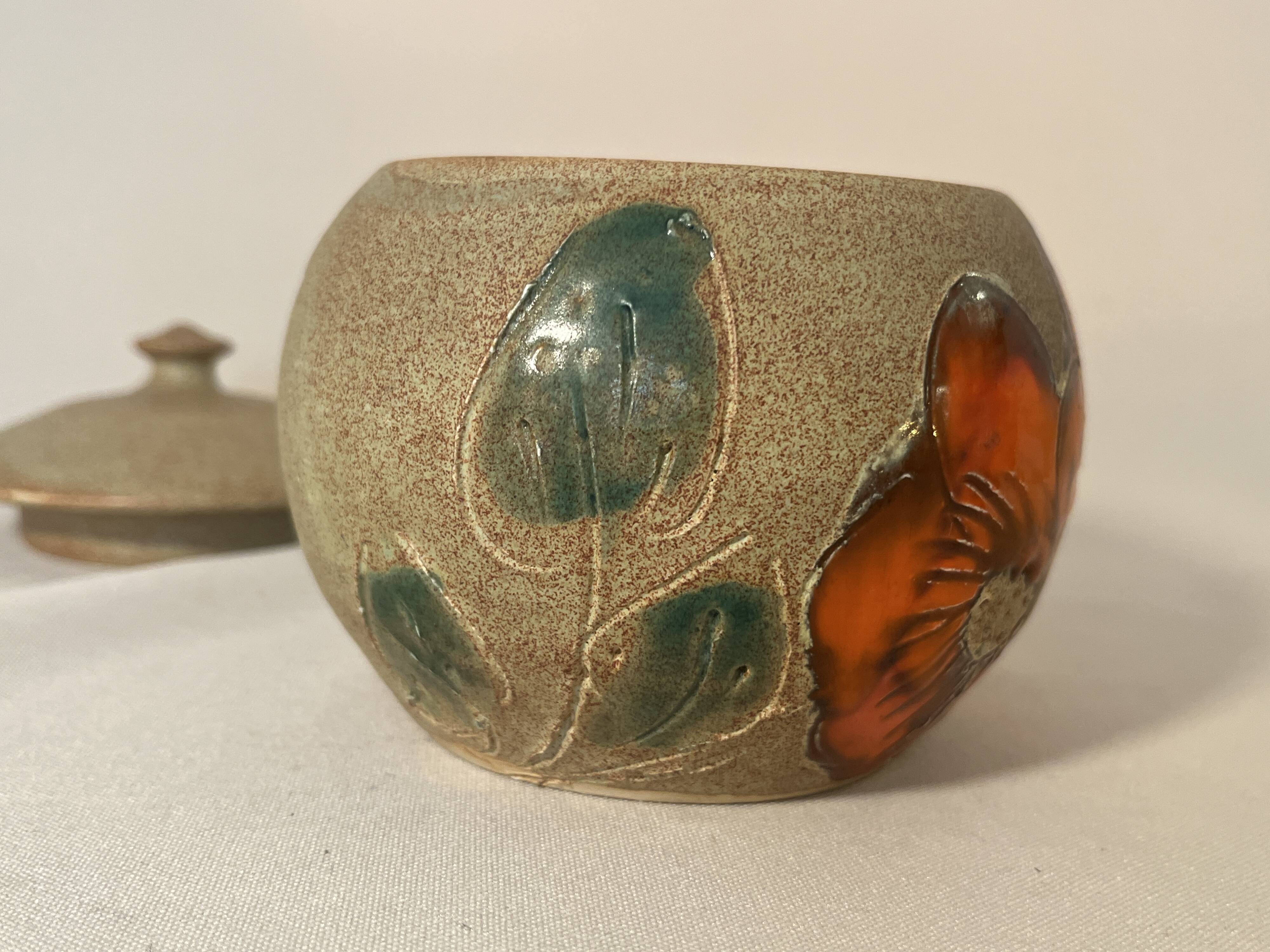 Beige ceramic candy box with orange flowers, vintage 1970s sugar bowl