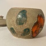 Beige ceramic candy box with orange flowers, vintage 1970s sugar bowl