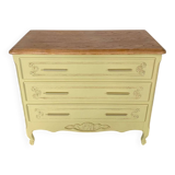 Commode vintage 3 tiroirs relooké beige vert et bois