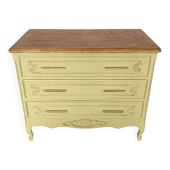 Commode vintage 3 tiroirs relooké beige vert et bois