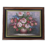 Peinture à l’huile vintage encadrée de fleurs par T. Hansen