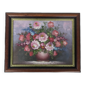 Peinture à l’huile vintage encadrée de fleurs par T. Hansen