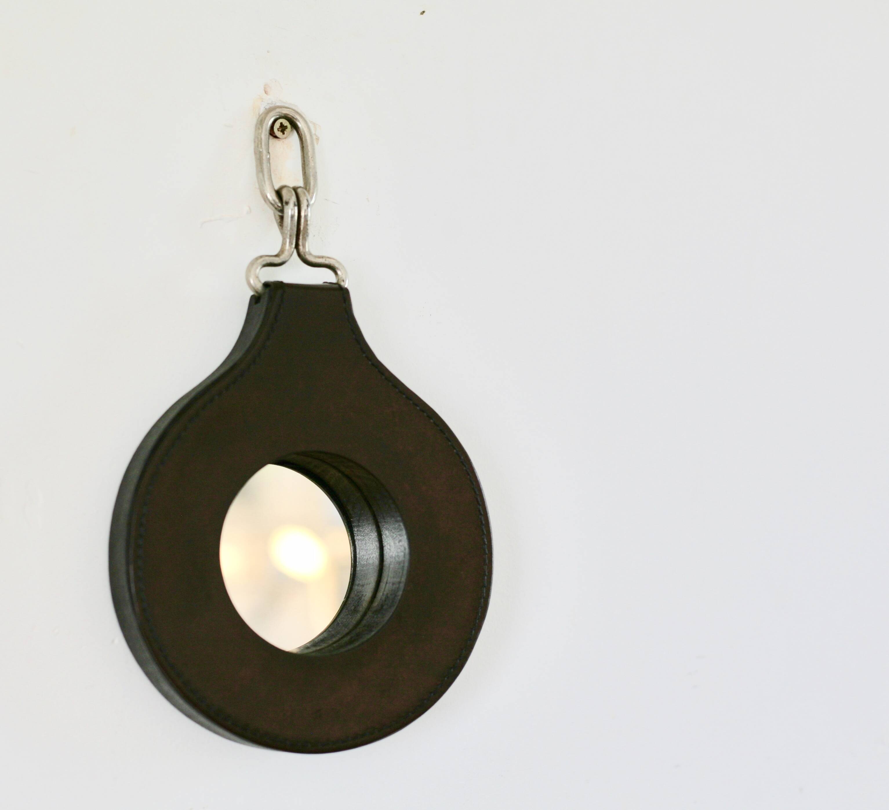 Lancel mirror, leather and wood, France 1960s