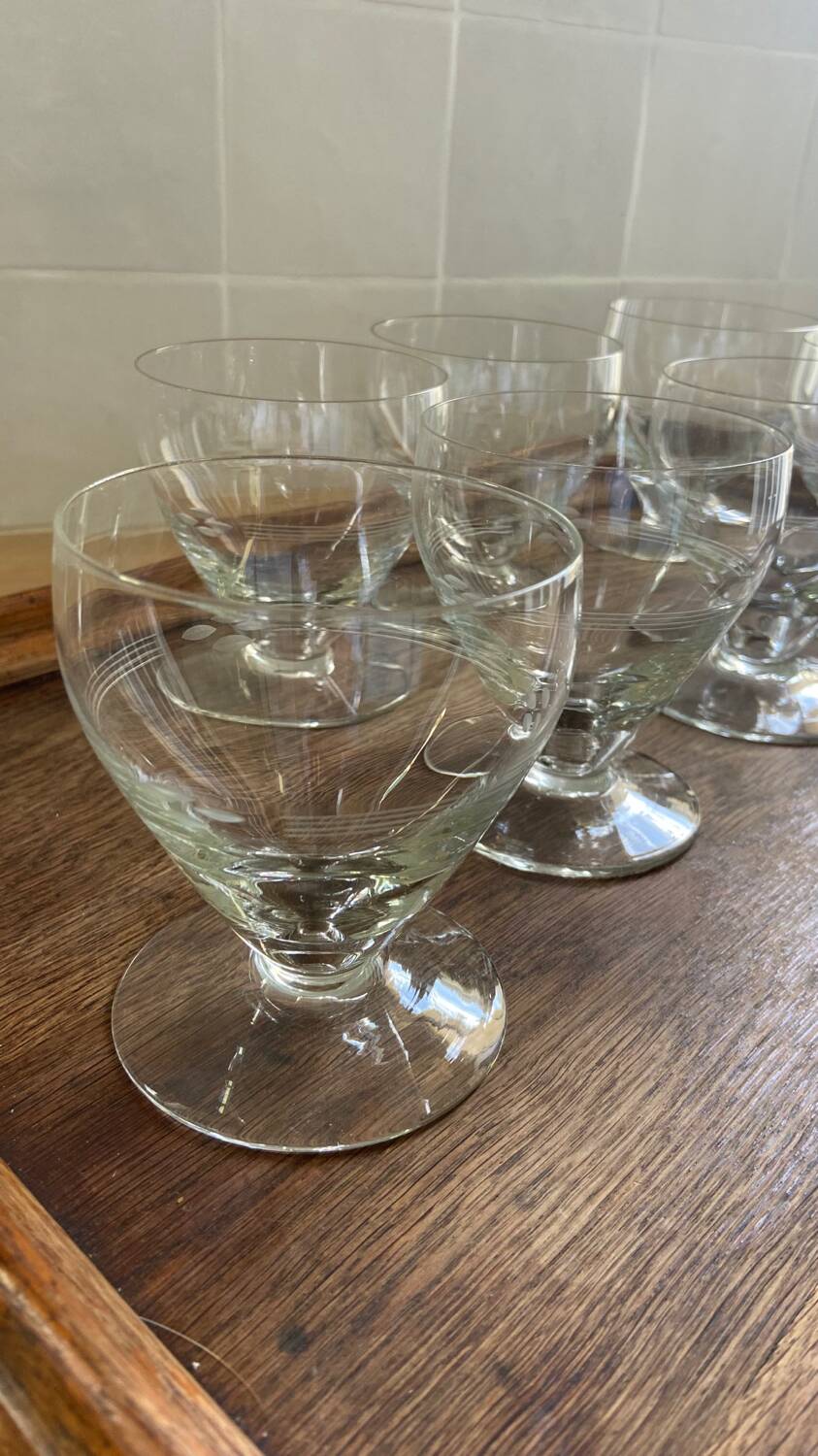 Set de 7 verres à vin gravés vintage 1950