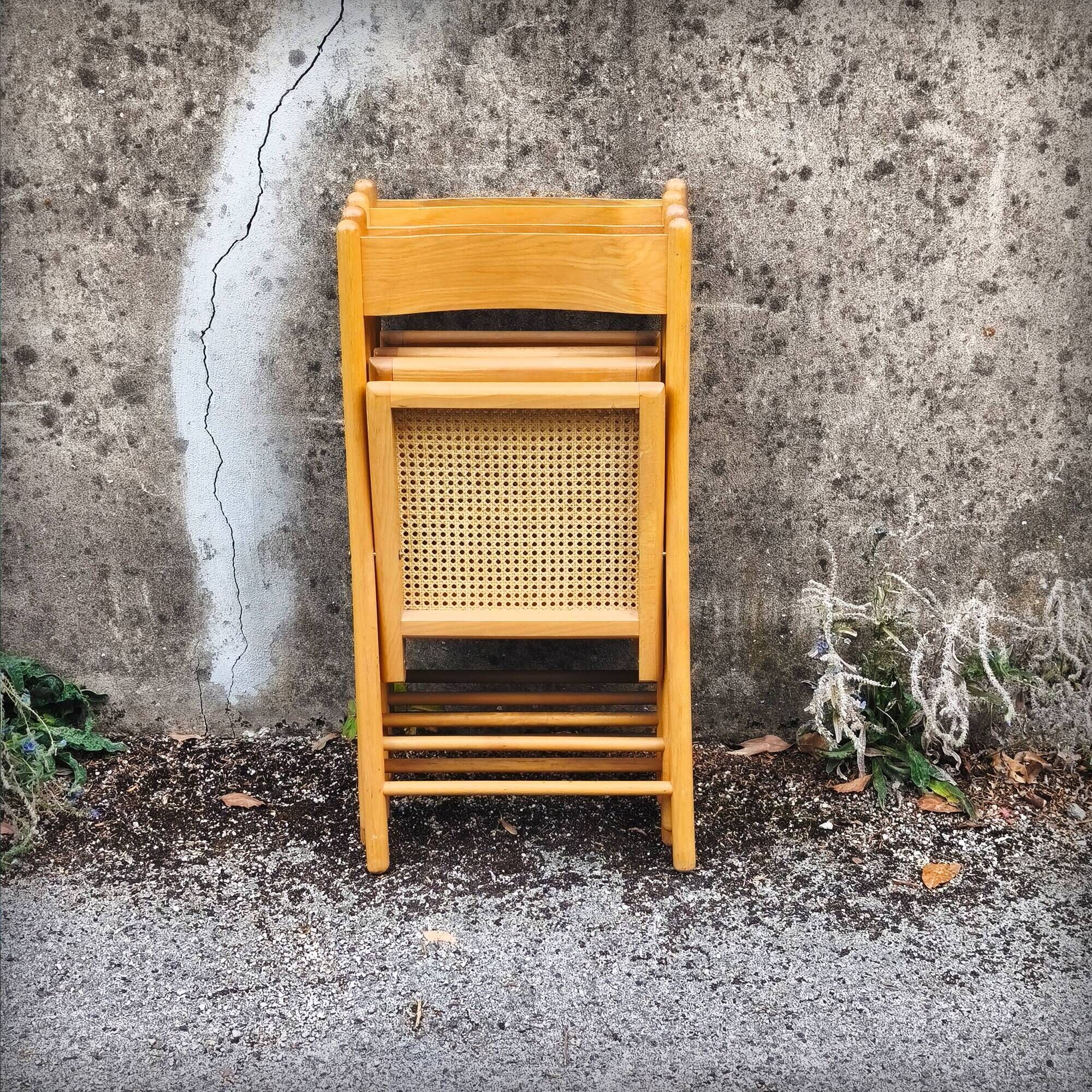 Set of 4 folding chairs in beech and caning by Habitat, 1980s.