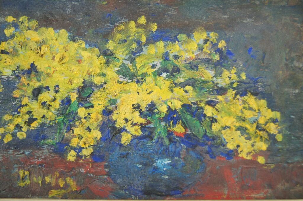 Julien Duriez 1900-1993 Mimosas bouquet Oil on signed and dated panel, vintage frame
