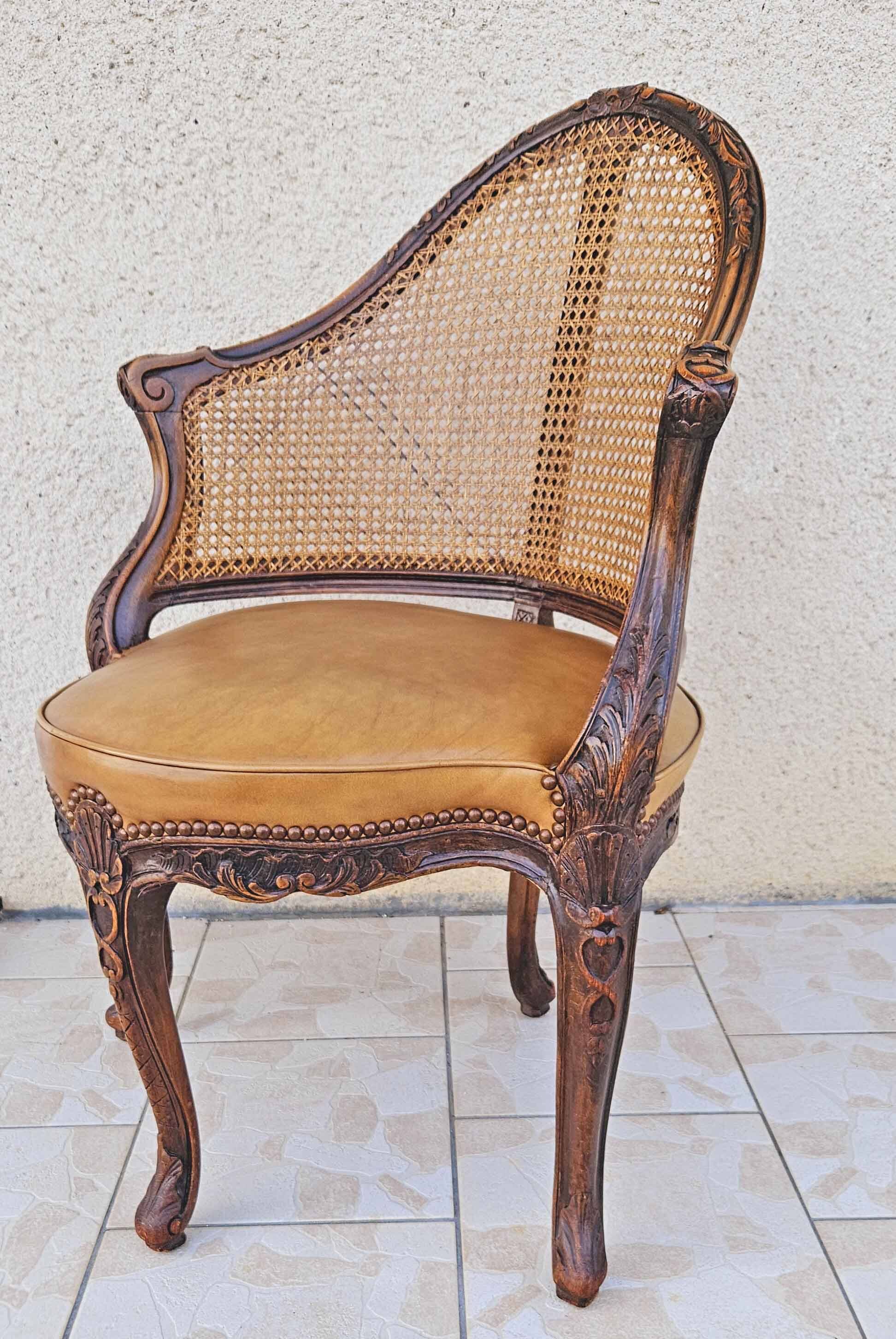 Louis xv office armchair, carved, cane, leather trimmed