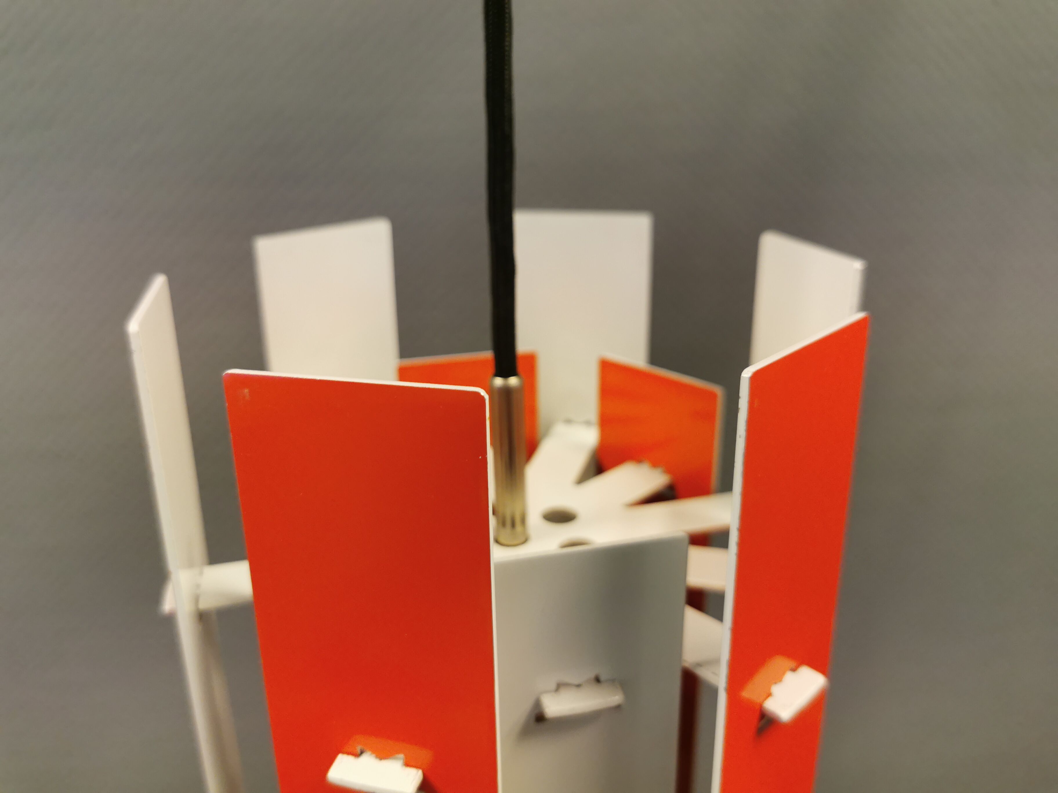 Danish hanging lamp model "Cocktail" consisting of 12 red/white aluminium slats