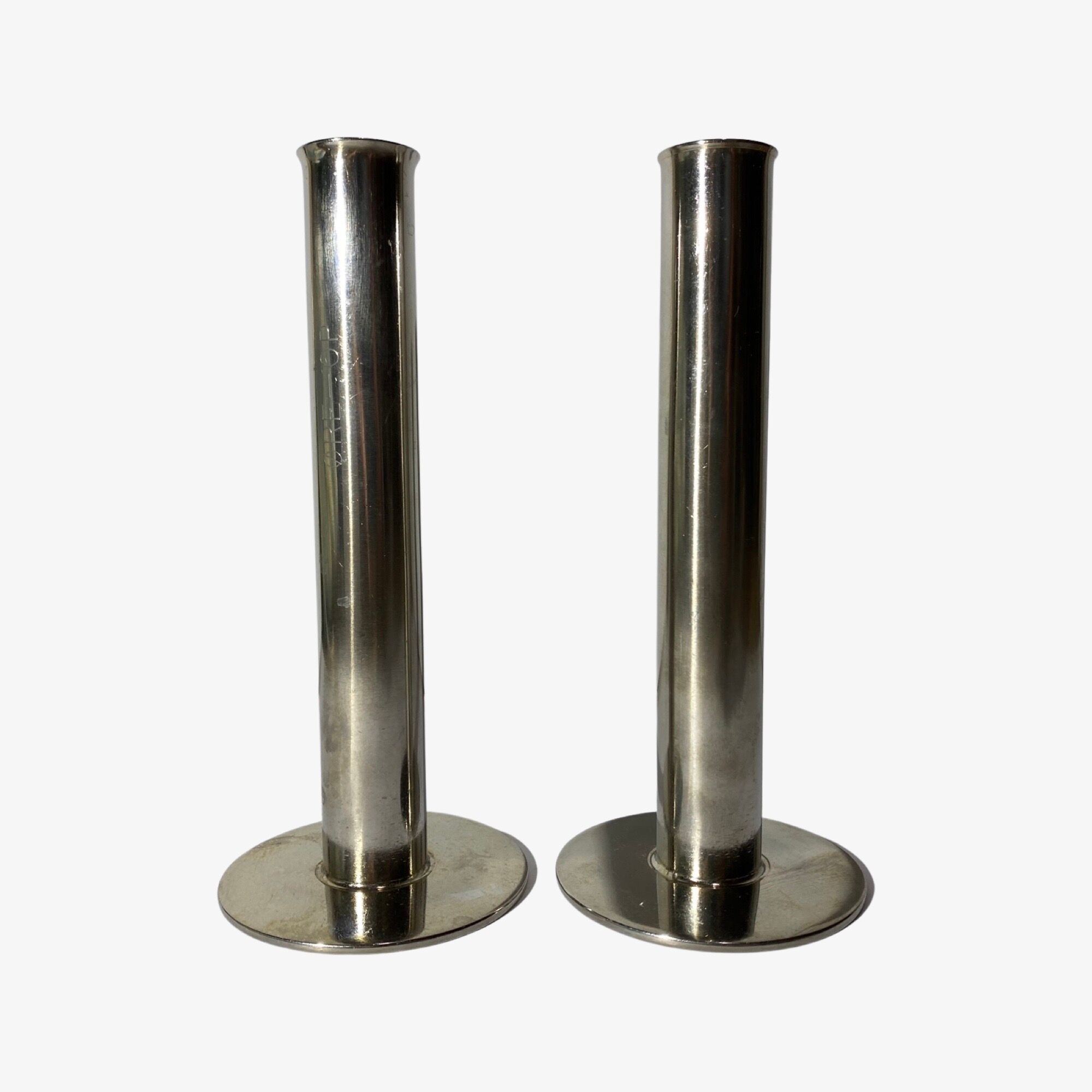 2 swedish vintage candlestick holders made in sweden, metektro rostfritt øre-op | stainless steel