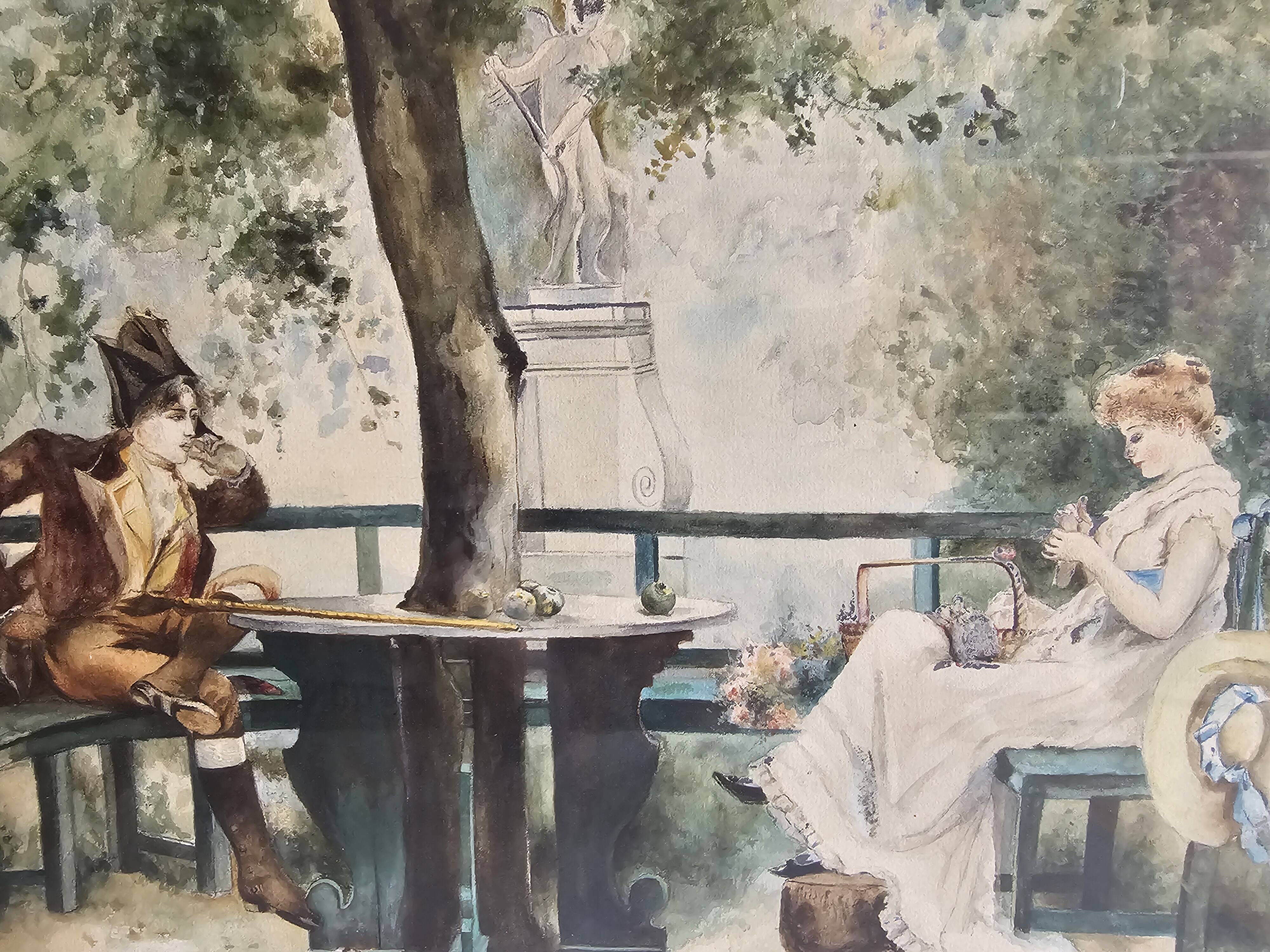Tableau Aquarelle Scène Amoureux parc d'après Marcus Stone