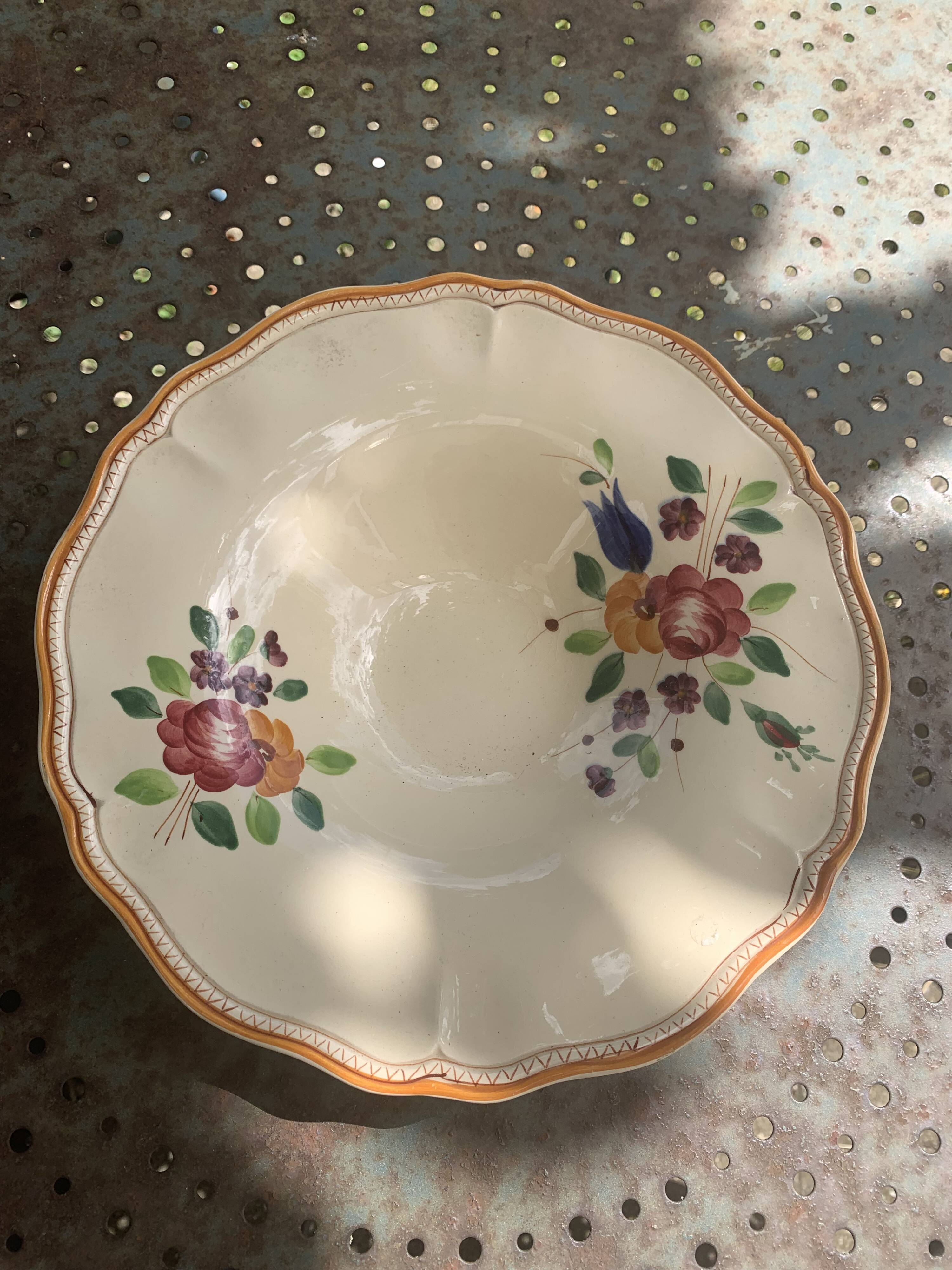 Earthenware fruit bowl with hand-painted flowers, old