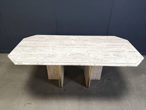 Table de salle à manger vintage italienne en travertin et laiton, années 1970