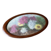 Tableau nature morte aux dahlias, huile sur toile, format ovale – époque 1900