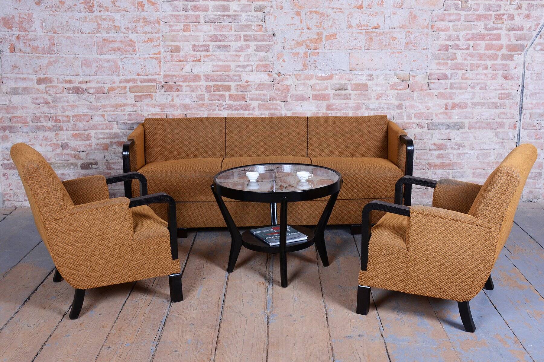 Czech Art Deco Sofas and Lounge Chairs in Beech and Oak attributed to Jindrich Halabala for Up Závody, 1930s, Set of 3